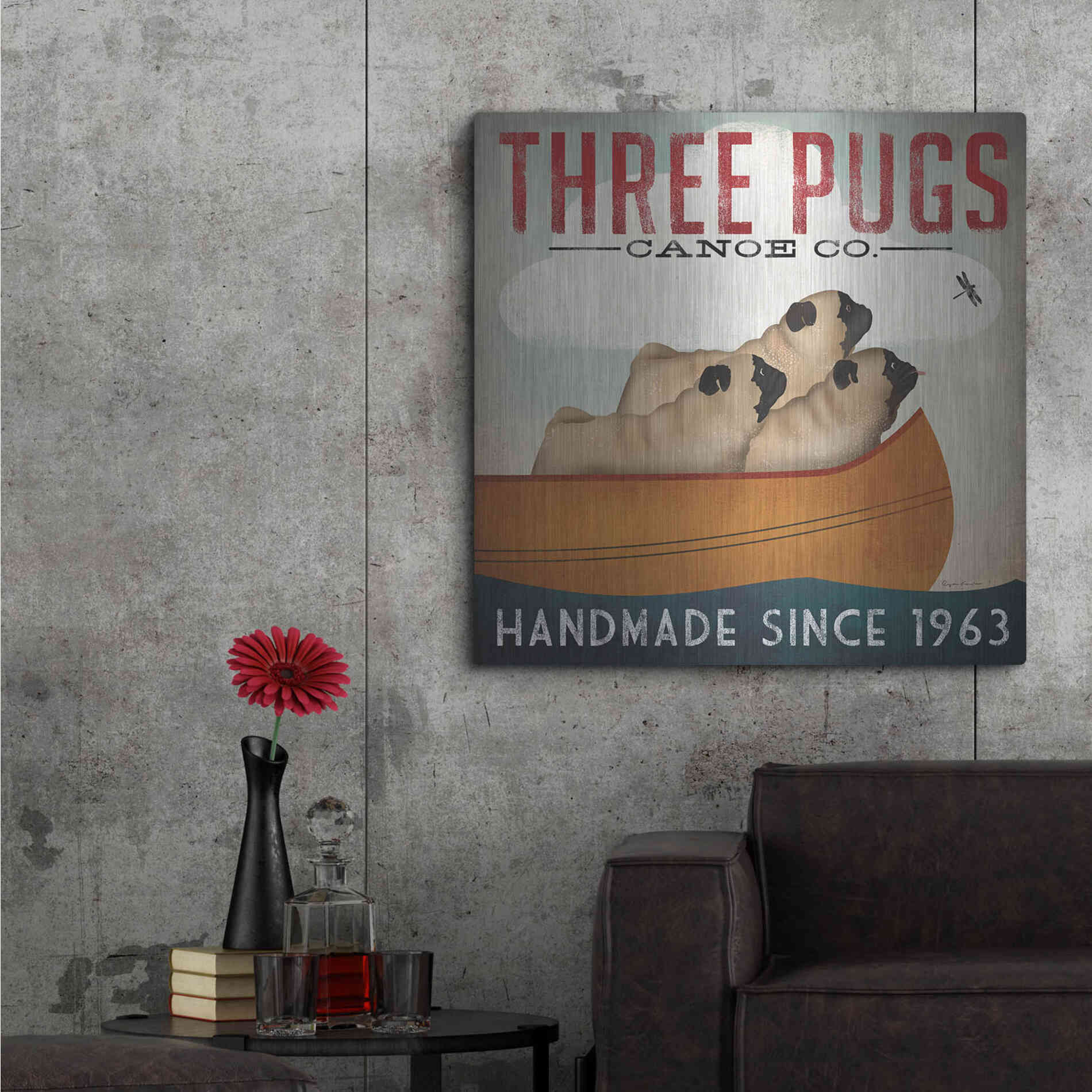 Luxe Metal Art 'Three Pugs In A Canoe' by Ryan Fowler, Metal Wall Art,36x36