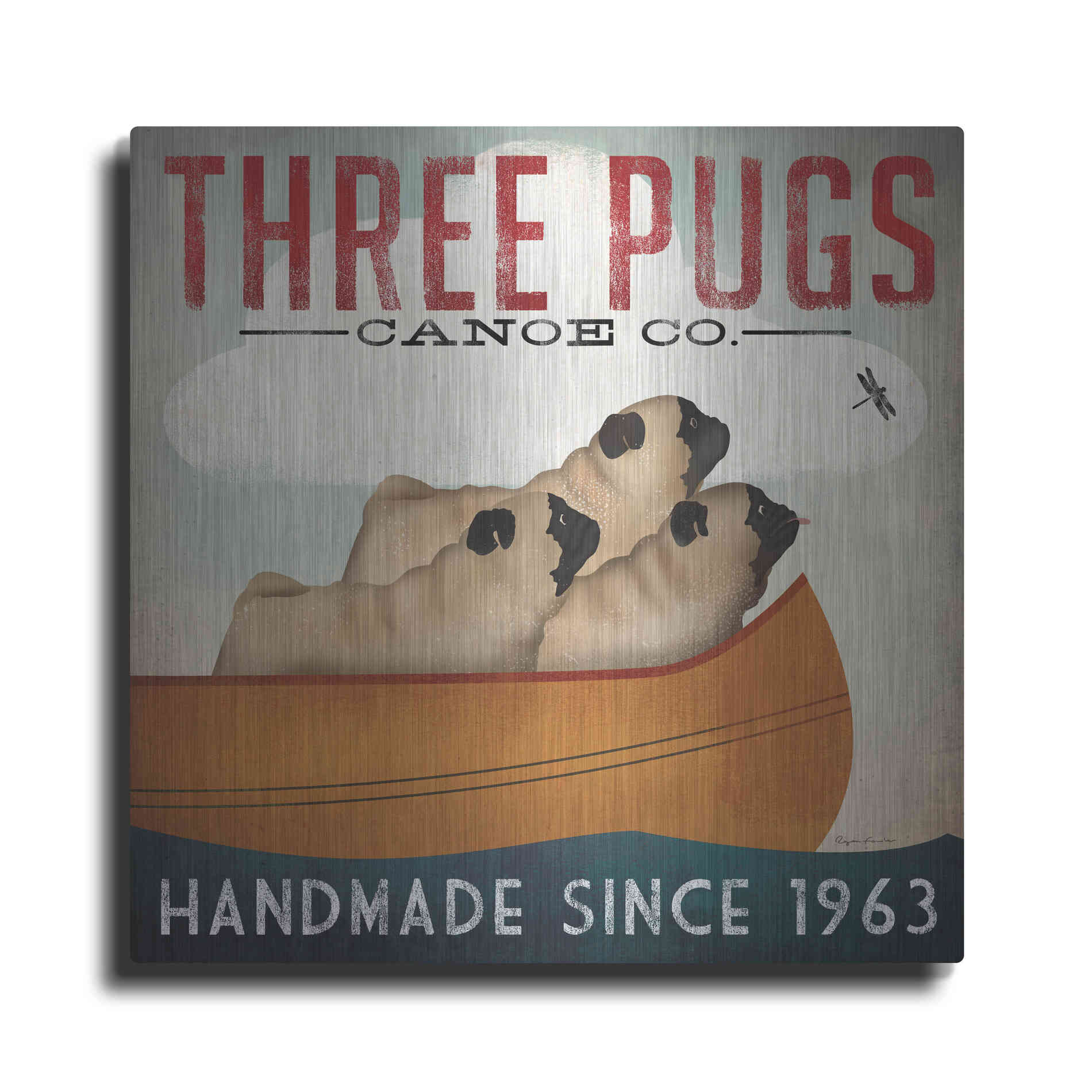 Luxe Metal Art 'Three Pugs In A Canoe' by Ryan Fowler, Metal Wall Art
