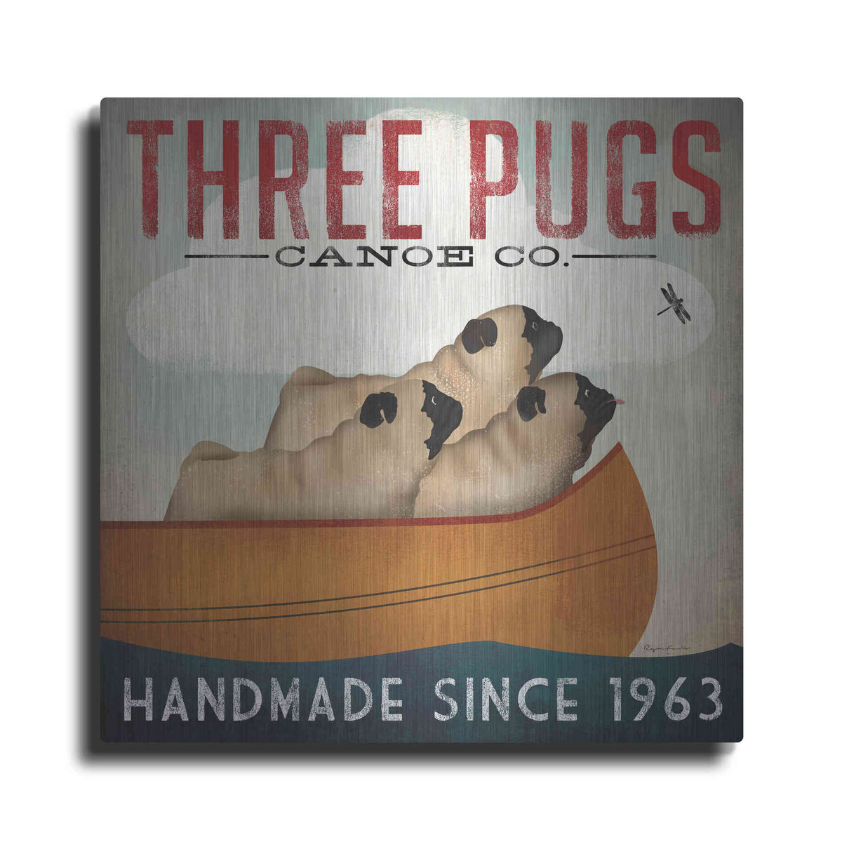 Luxe Metal Art 'Three Pugs In A Canoe' by Ryan Fowler, Metal Wall Art