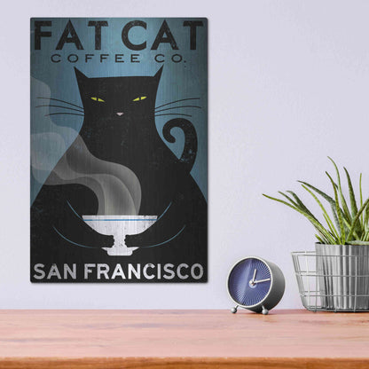 Luxe Metal Art 'Cat Coffee' by Ryan Fowler, Metal Wall Art,12x16