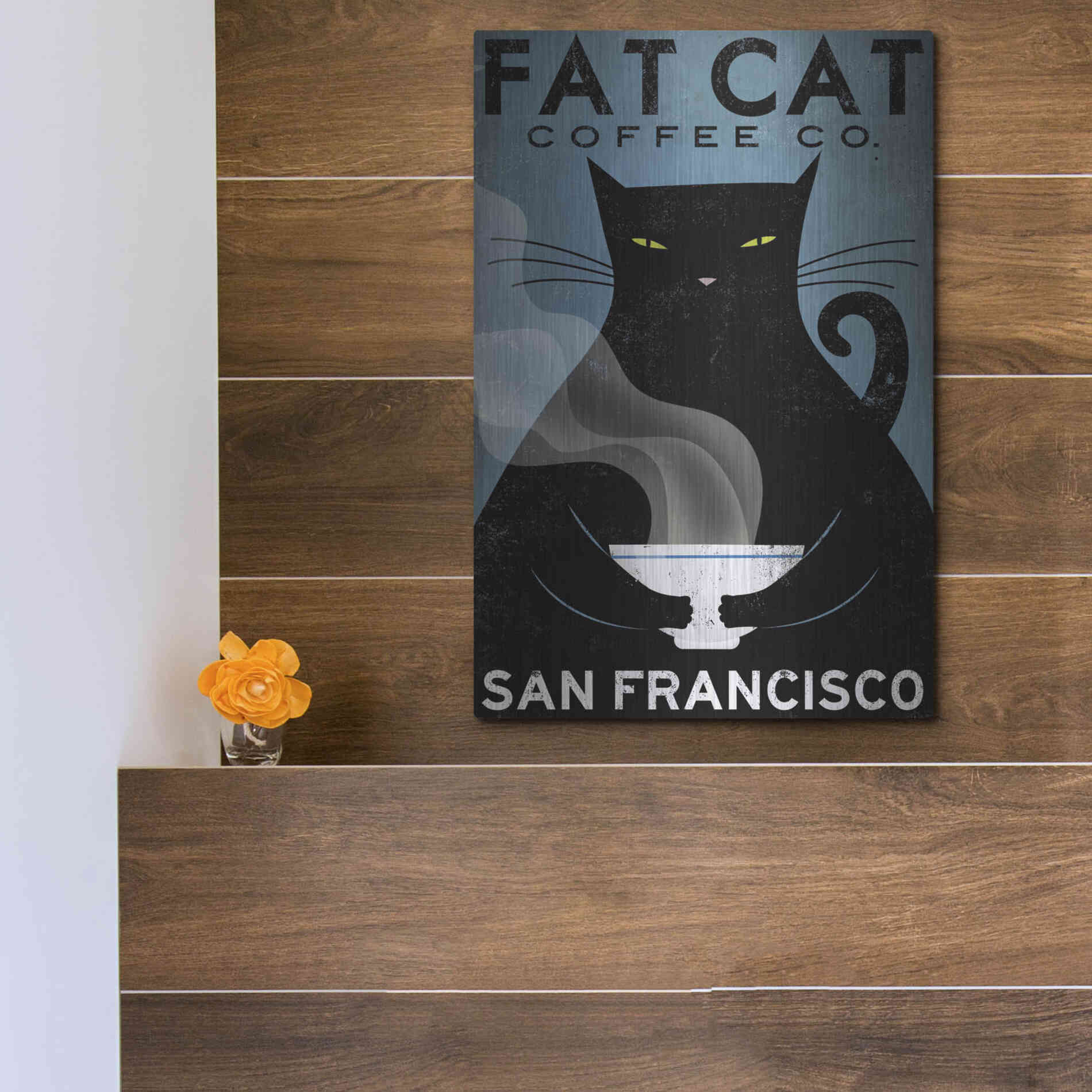 Luxe Metal Art 'Cat Coffee' by Ryan Fowler, Metal Wall Art,12x16