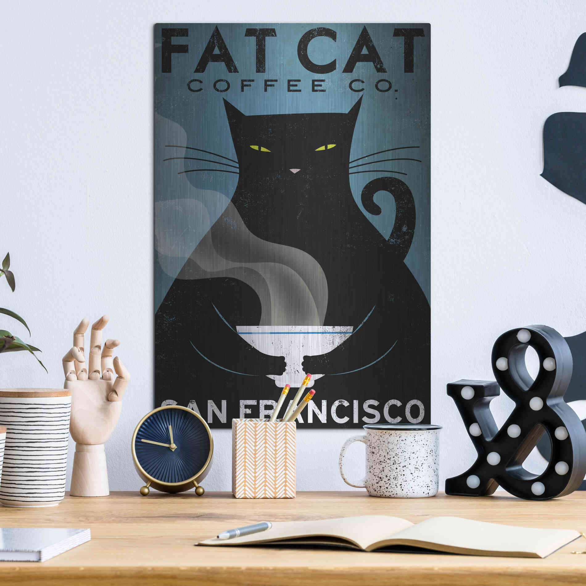 Luxe Metal Art 'Cat Coffee' by Ryan Fowler, Metal Wall Art,12x16