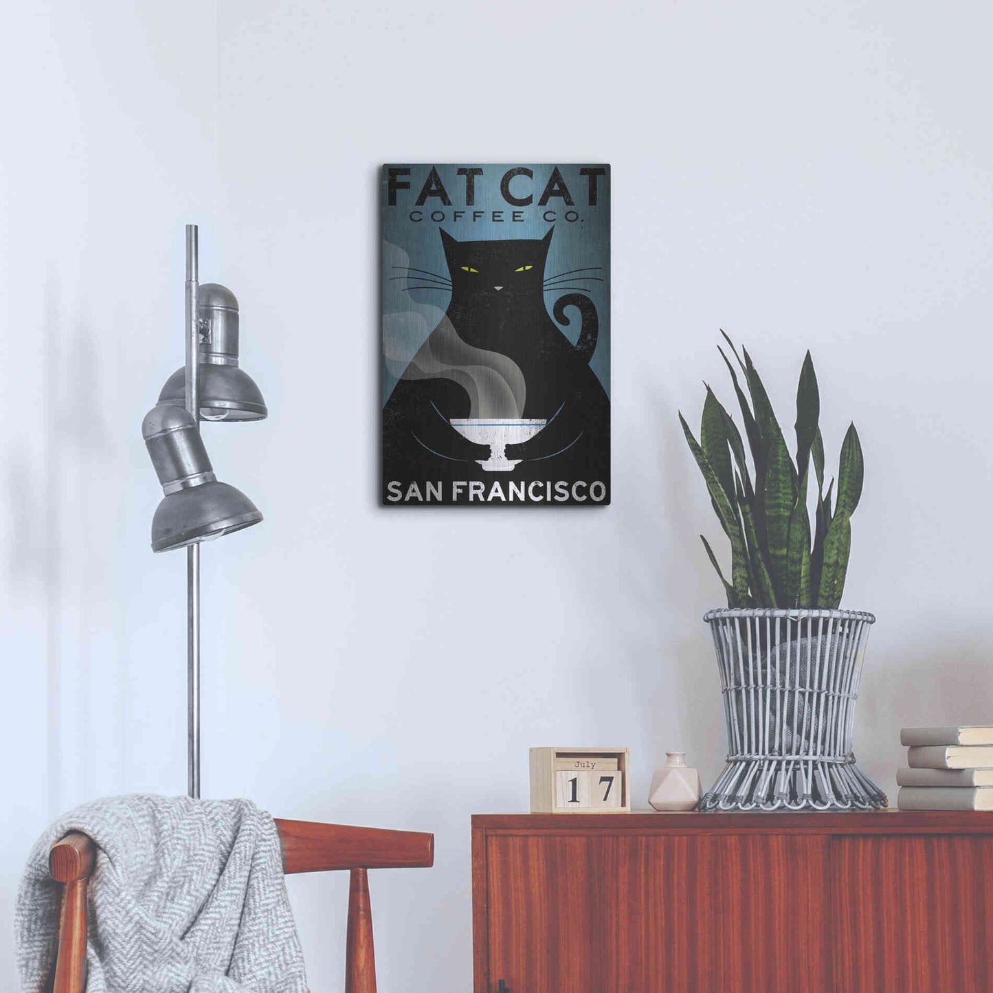 Luxe Metal Art 'Cat Coffee' by Ryan Fowler, Metal Wall Art,16x24