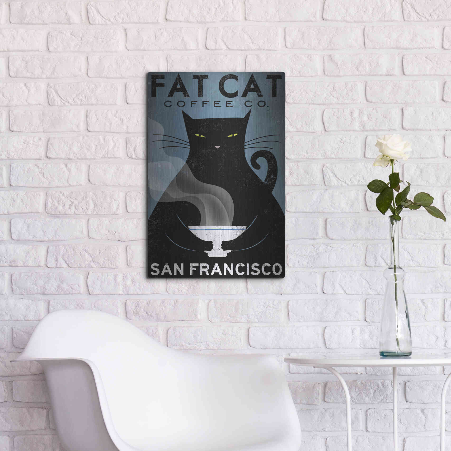 Luxe Metal Art 'Cat Coffee' by Ryan Fowler, Metal Wall Art,16x24