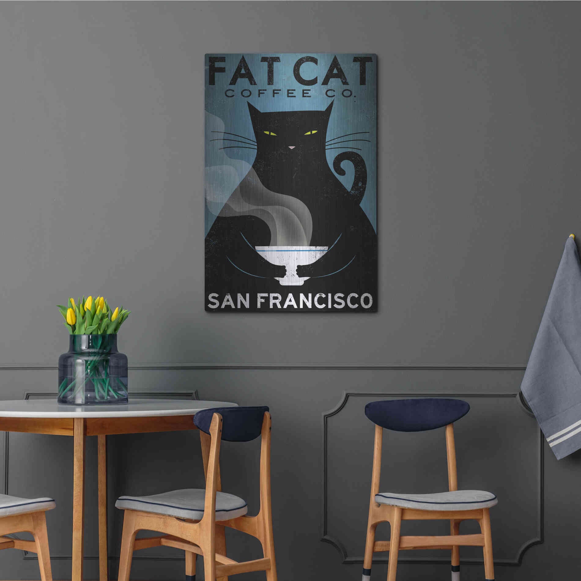 Luxe Metal Art 'Cat Coffee' by Ryan Fowler, Metal Wall Art,24x36