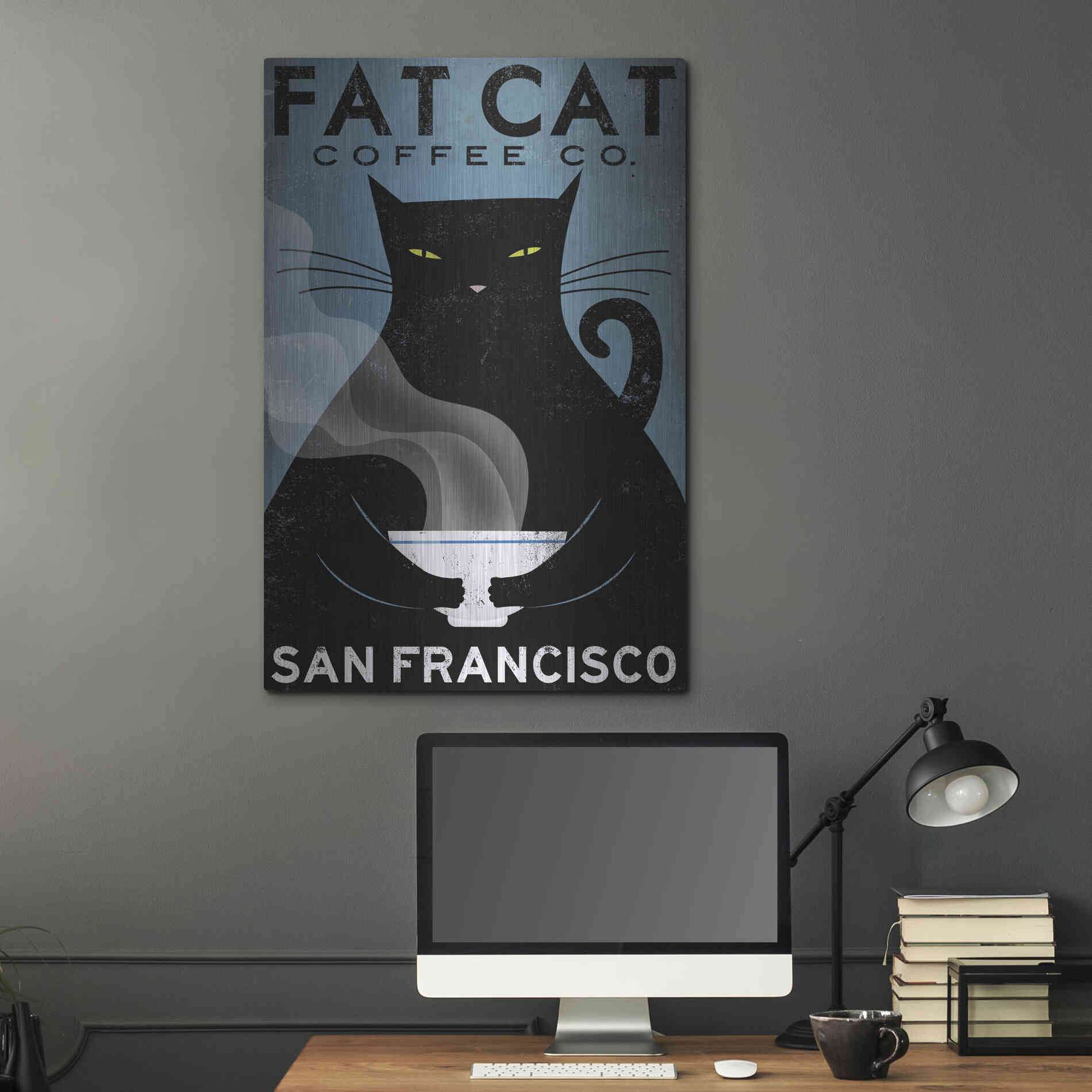 Luxe Metal Art 'Cat Coffee' by Ryan Fowler, Metal Wall Art,24x36