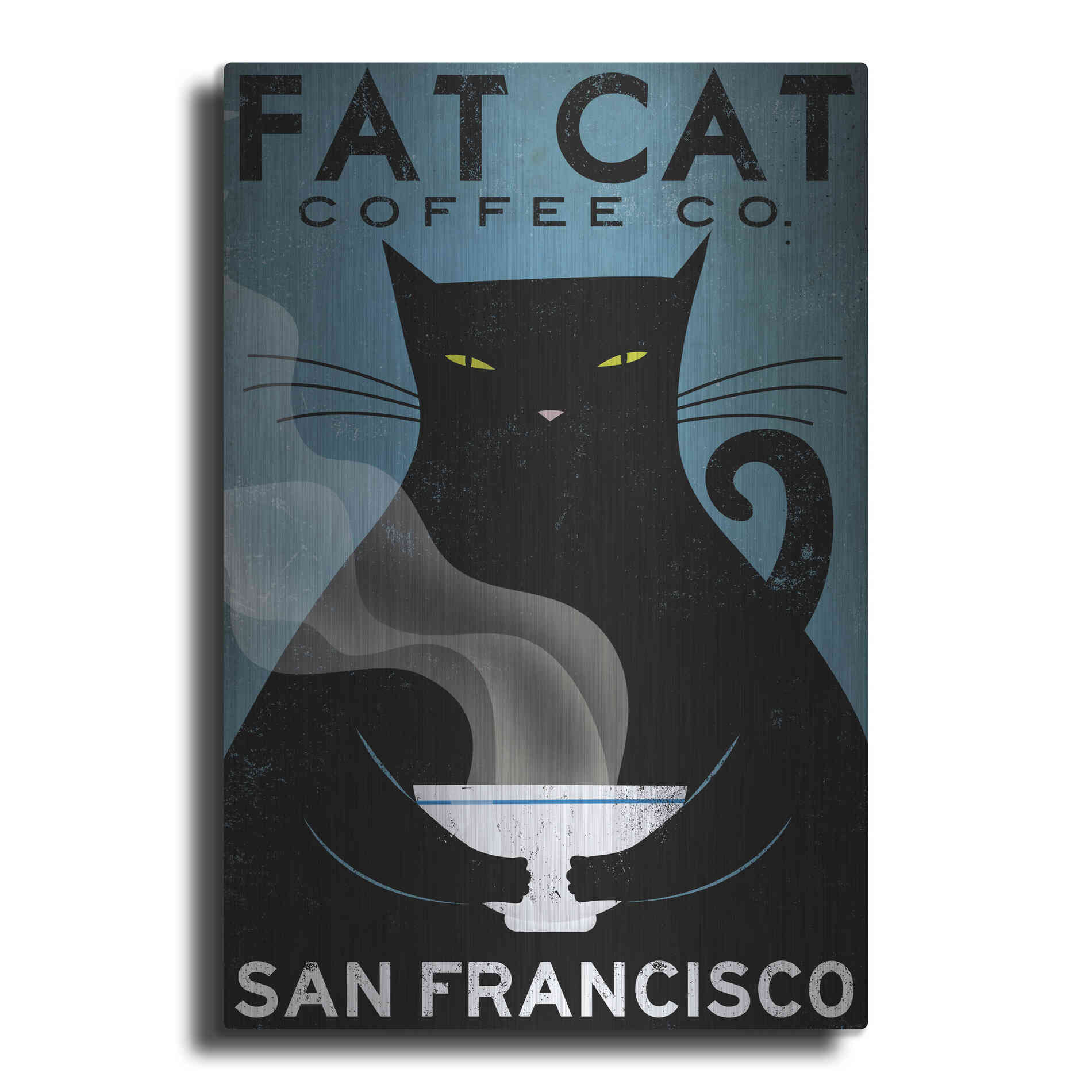 Luxe Metal Art 'Cat Coffee' by Ryan Fowler, Metal Wall Art