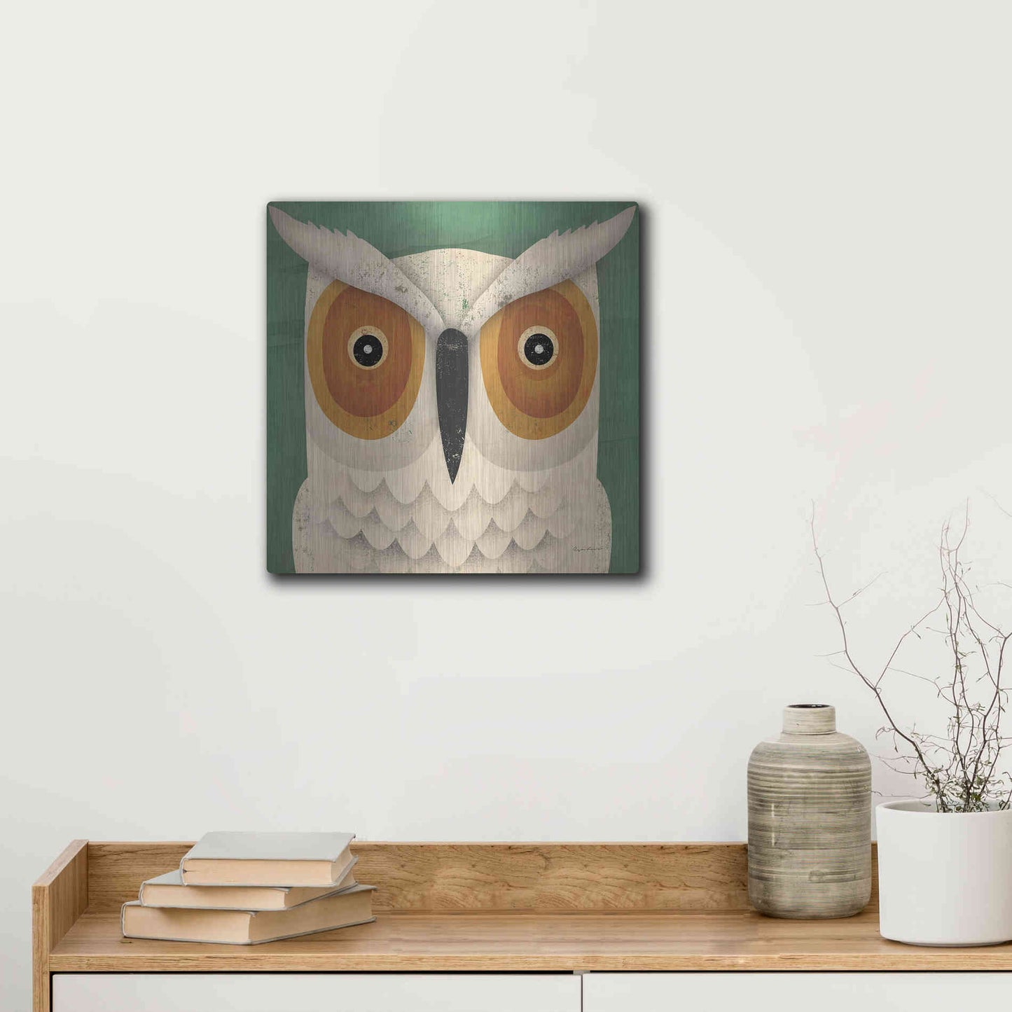 Luxe Metal Art 'White Owl' by Ryan Fowler, Metal Wall Art,12x12