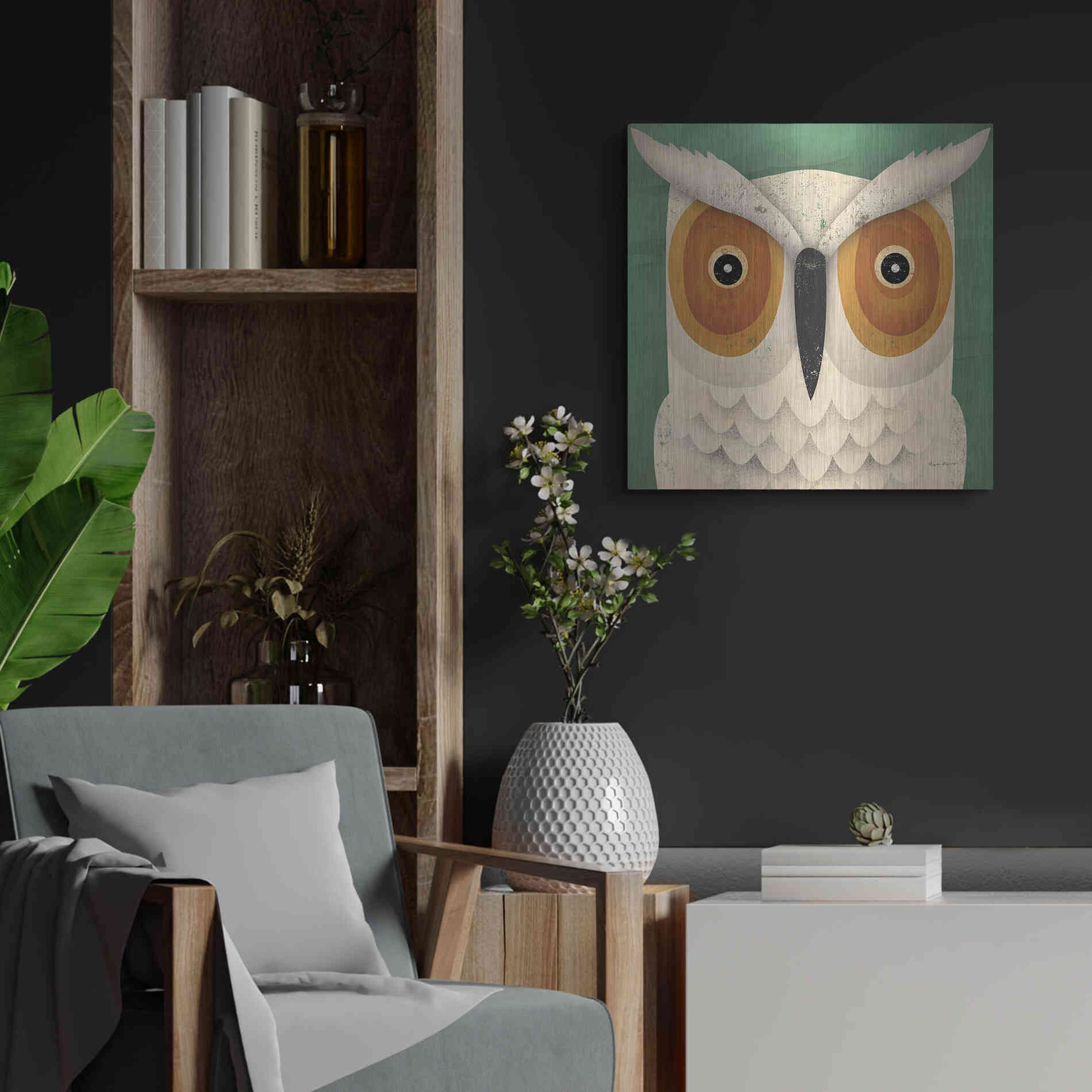 Luxe Metal Art 'White Owl' by Ryan Fowler, Metal Wall Art,24x24