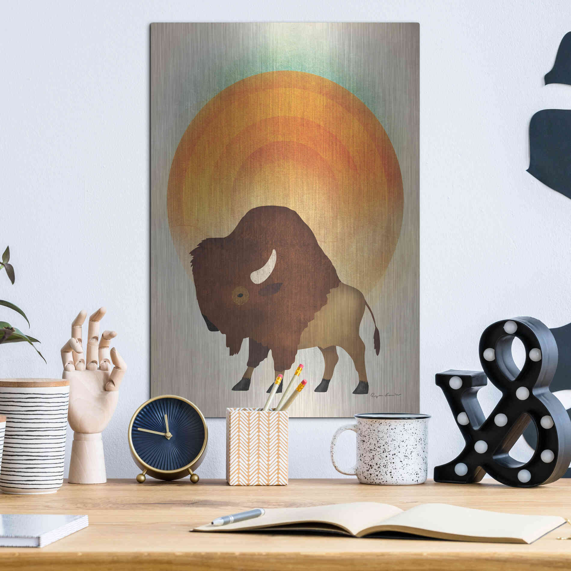 Luxe Metal Art 'Blazing Sun Bison' by Ryan Fowler, Metal Wall Art,12x16