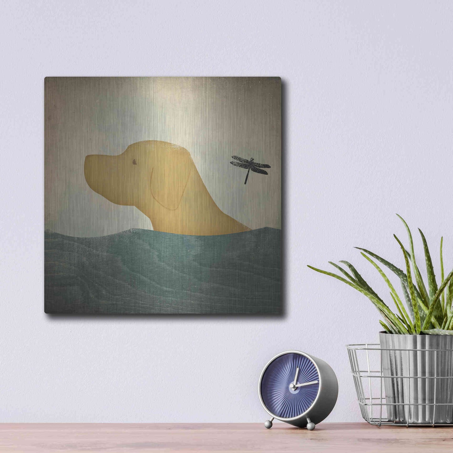 Luxe Metal Art 'Yellow Dog Swim' by Ryan Fowler, Metal Wall Art,12x12