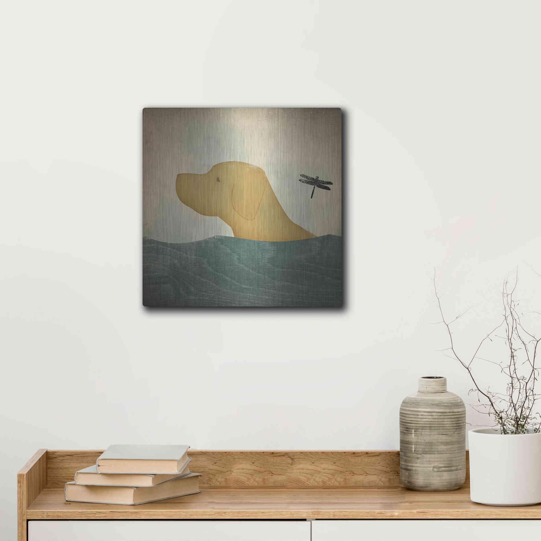 Luxe Metal Art 'Yellow Dog Swim' by Ryan Fowler, Metal Wall Art,12x12