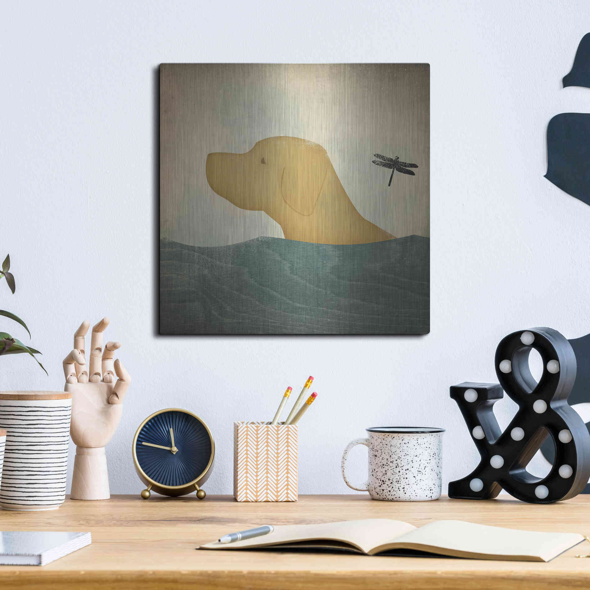 Luxe Metal Art 'Yellow Dog Swim' by Ryan Fowler, Metal Wall Art,12x12