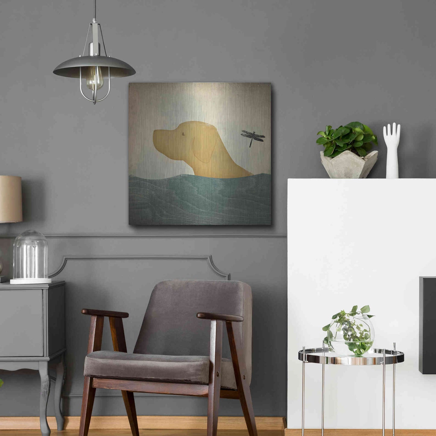 Luxe Metal Art 'Yellow Dog Swim' by Ryan Fowler, Metal Wall Art,24x24