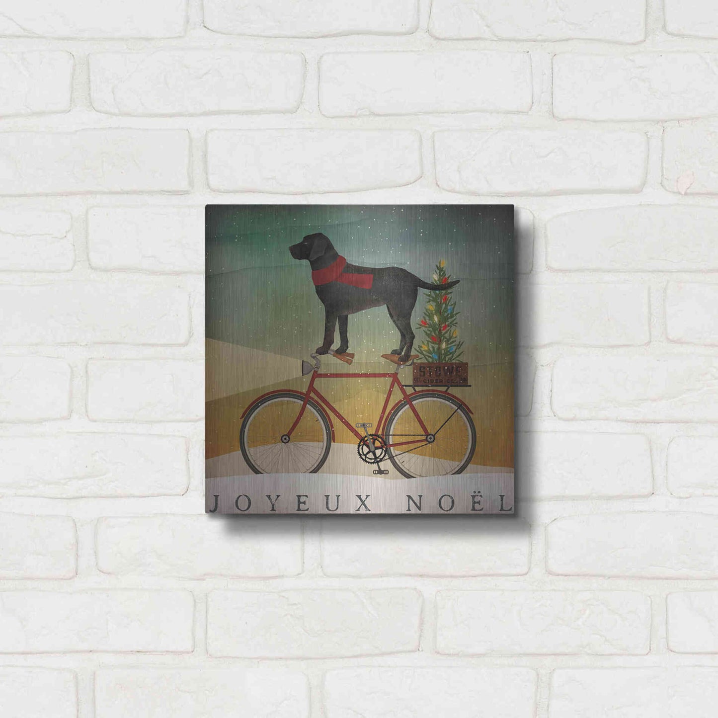 Luxe Metal Art 'Black Lab On Bike Christmas' by Ryan Fowler, Metal Wall Art,12x12