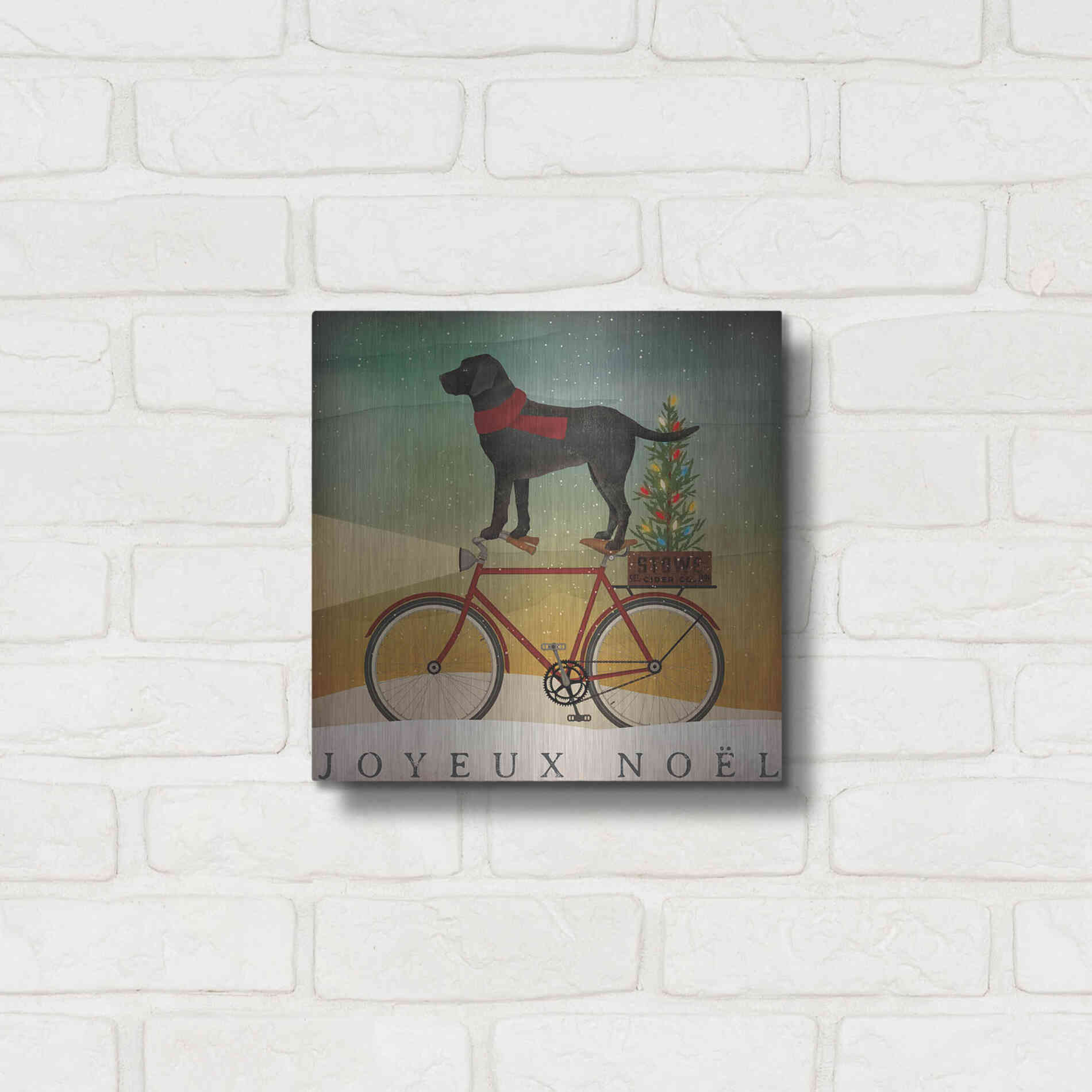 Luxe Metal Art 'Black Lab On Bike Christmas' by Ryan Fowler, Metal Wall Art,12x12