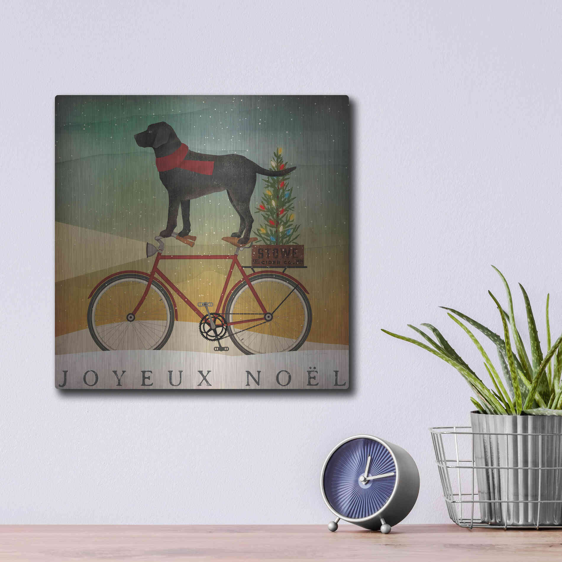Luxe Metal Art 'Black Lab On Bike Christmas' by Ryan Fowler, Metal Wall Art,12x12
