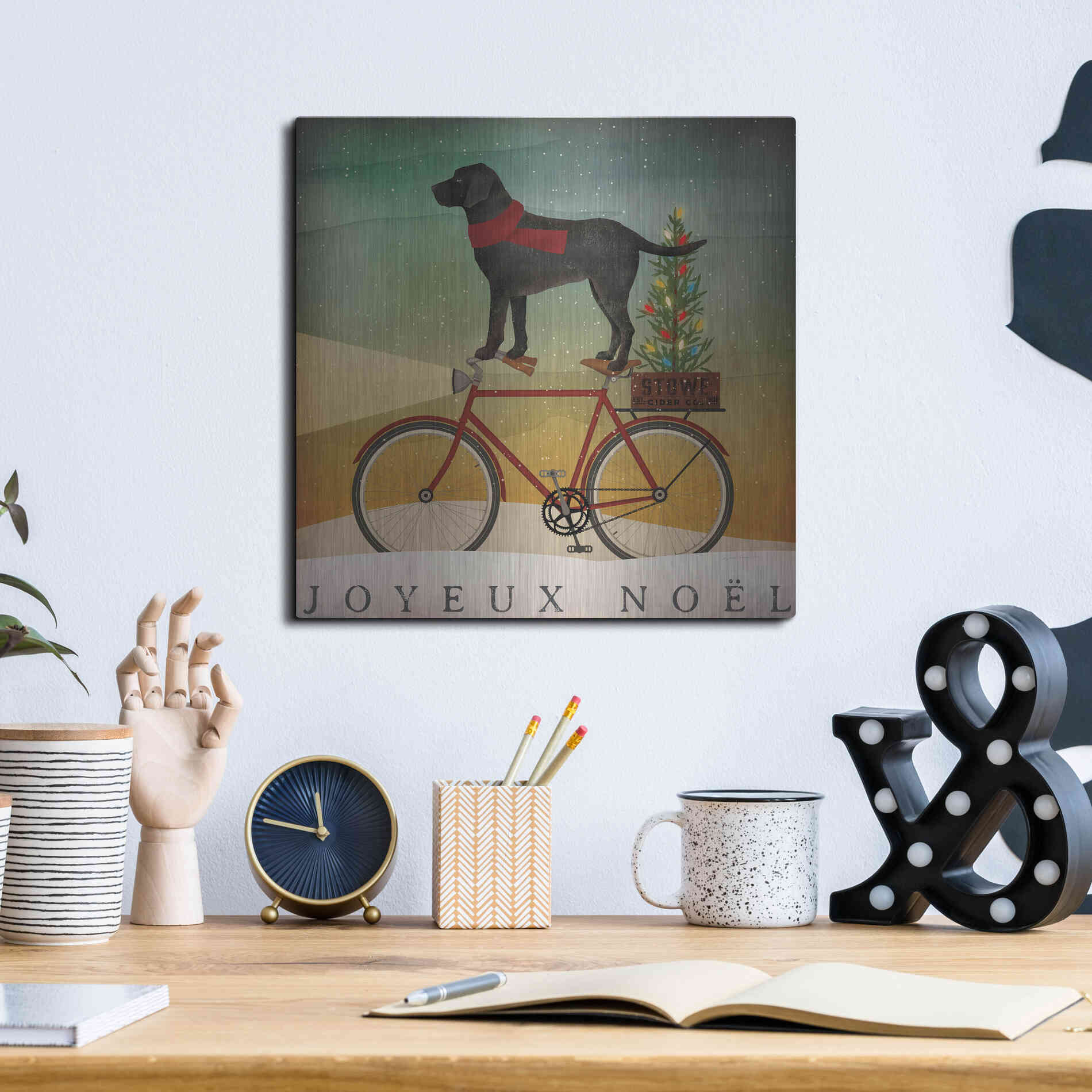 Luxe Metal Art 'Black Lab On Bike Christmas' by Ryan Fowler, Metal Wall Art,12x12