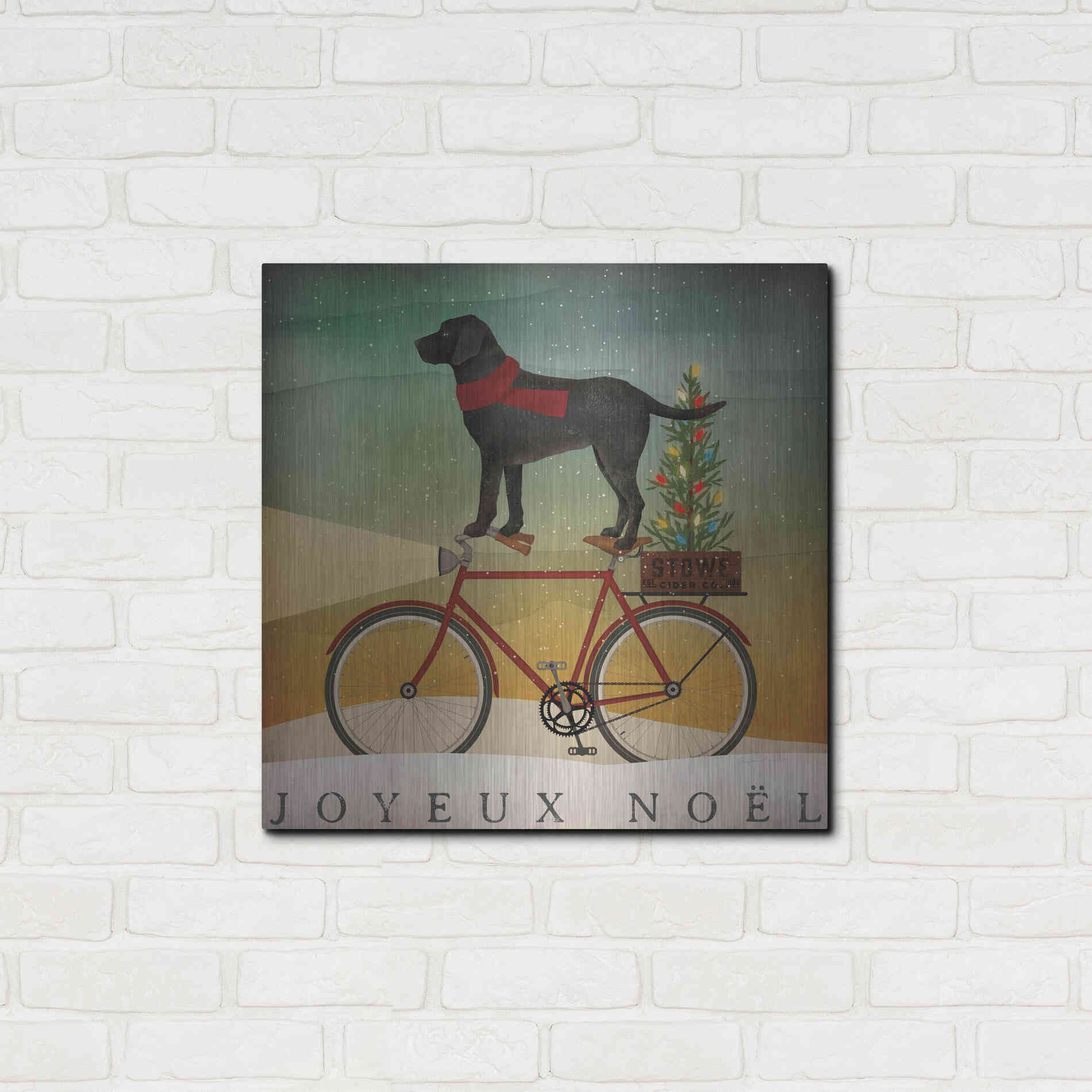 Luxe Metal Art 'Black Lab On Bike Christmas' by Ryan Fowler, Metal Wall Art,24x24