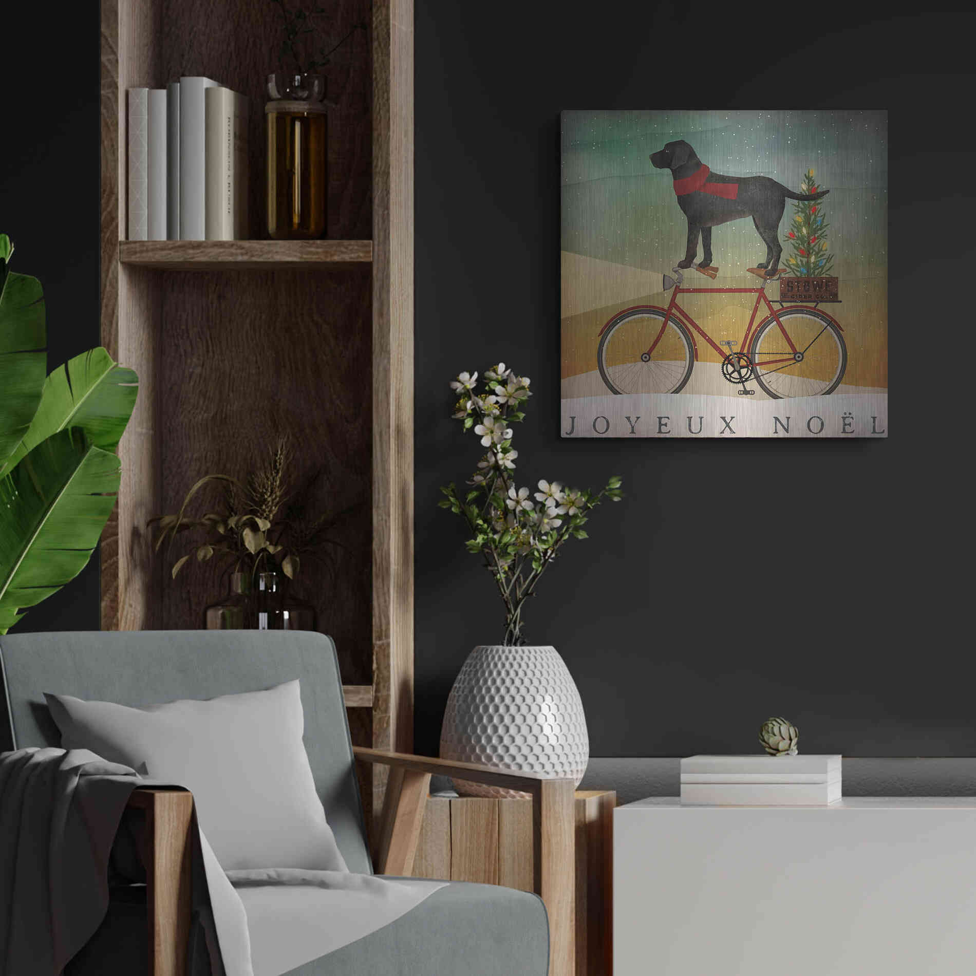 Luxe Metal Art 'Black Lab On Bike Christmas' by Ryan Fowler, Metal Wall Art,24x24