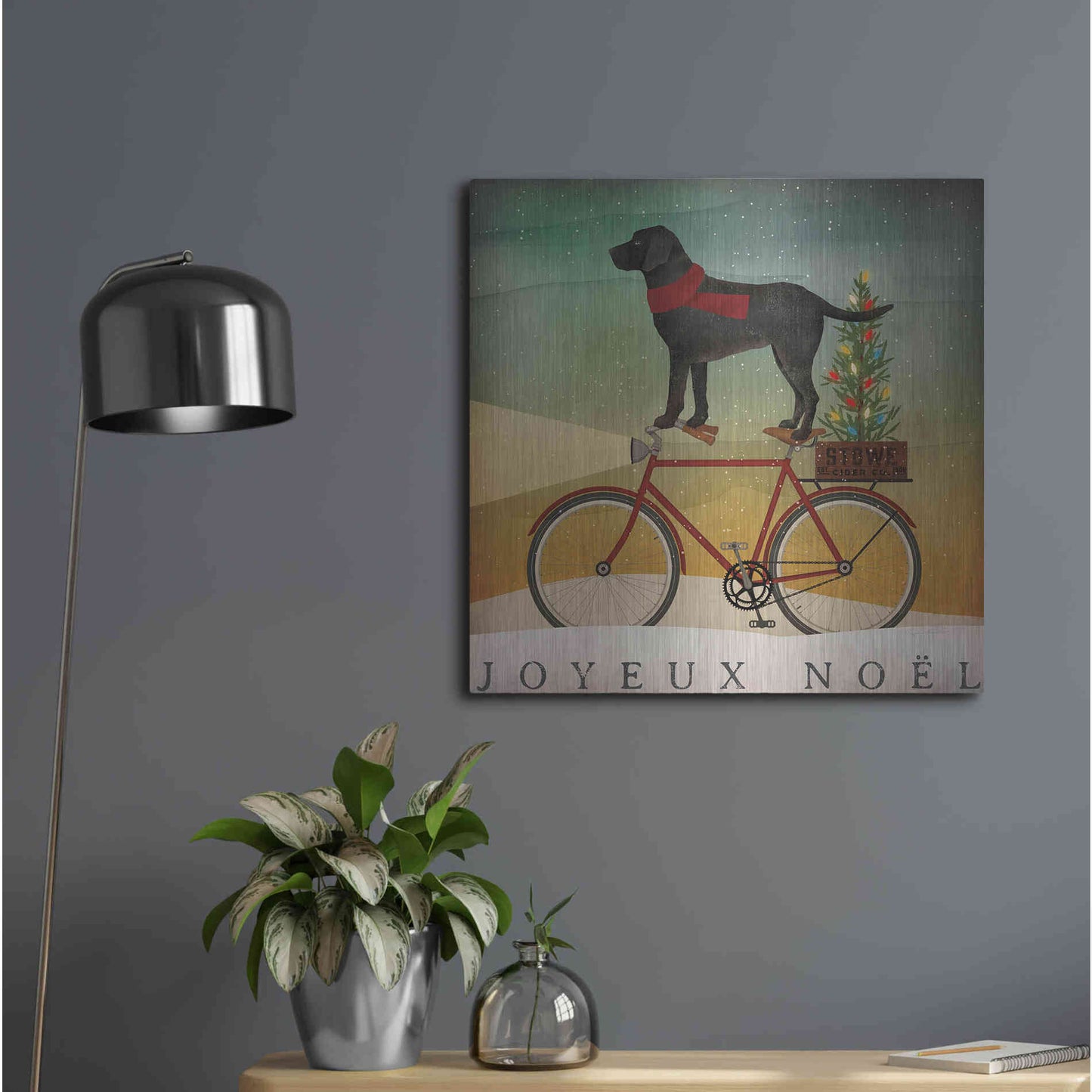 Luxe Metal Art 'Black Lab On Bike Christmas' by Ryan Fowler, Metal Wall Art,24x24