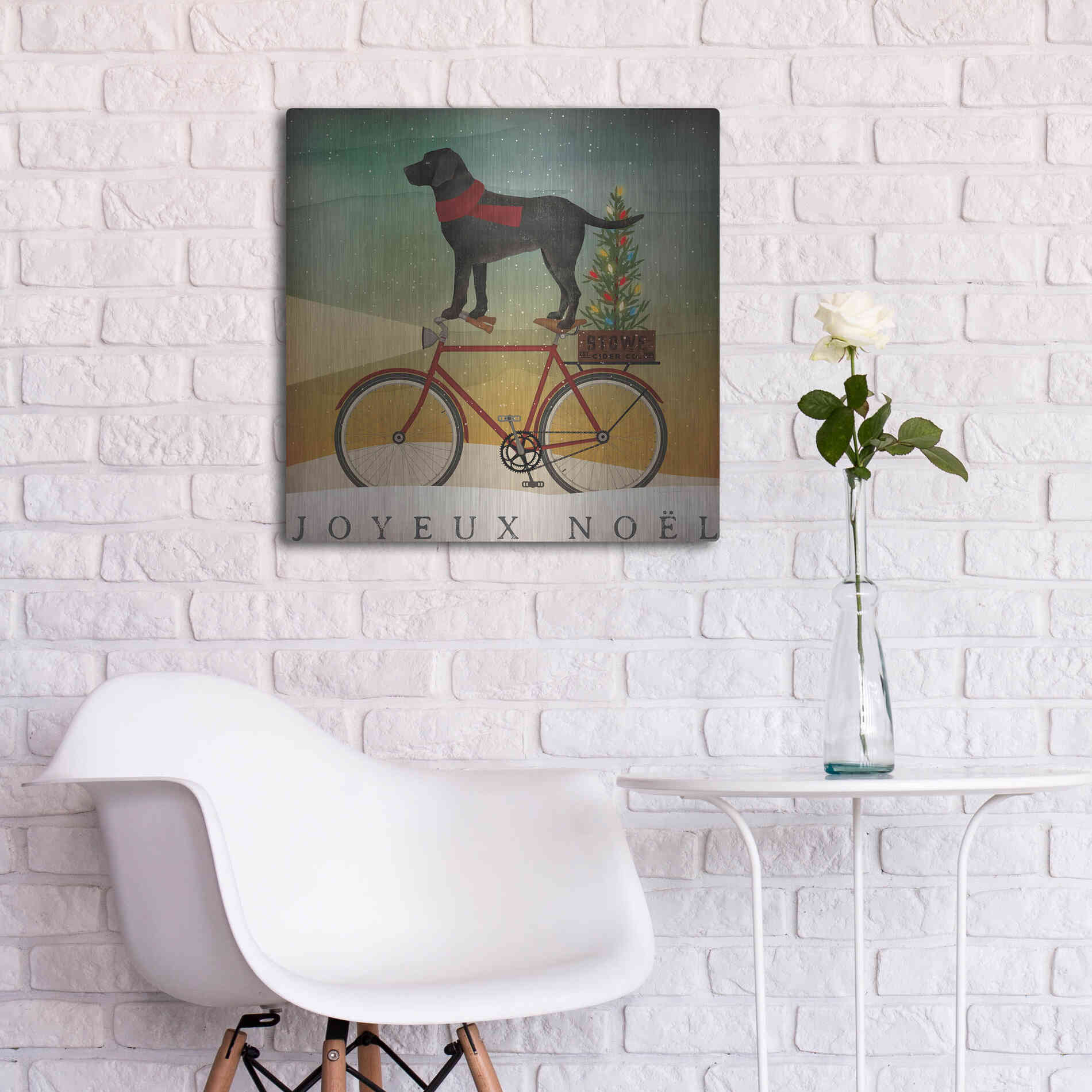 Luxe Metal Art 'Black Lab On Bike Christmas' by Ryan Fowler, Metal Wall Art,24x24