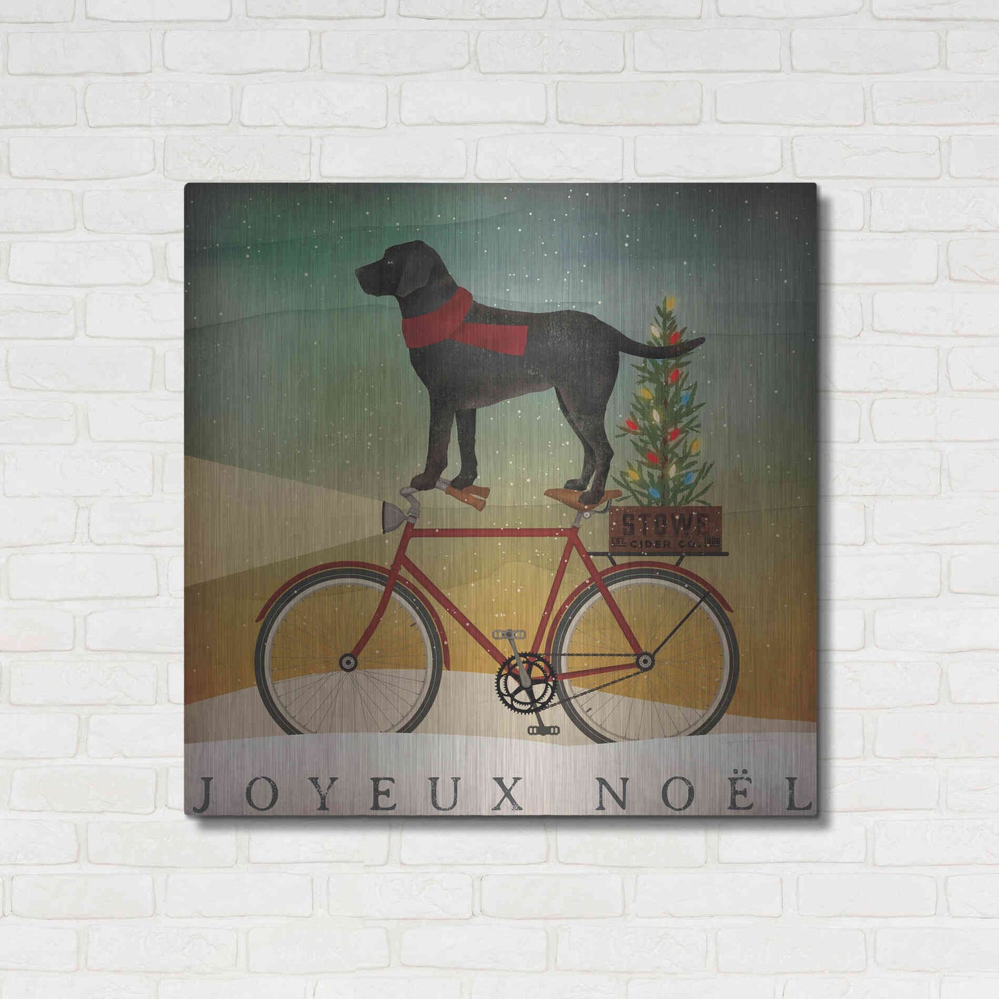 Luxe Metal Art 'Black Lab On Bike Christmas' by Ryan Fowler, Metal Wall Art,36x36