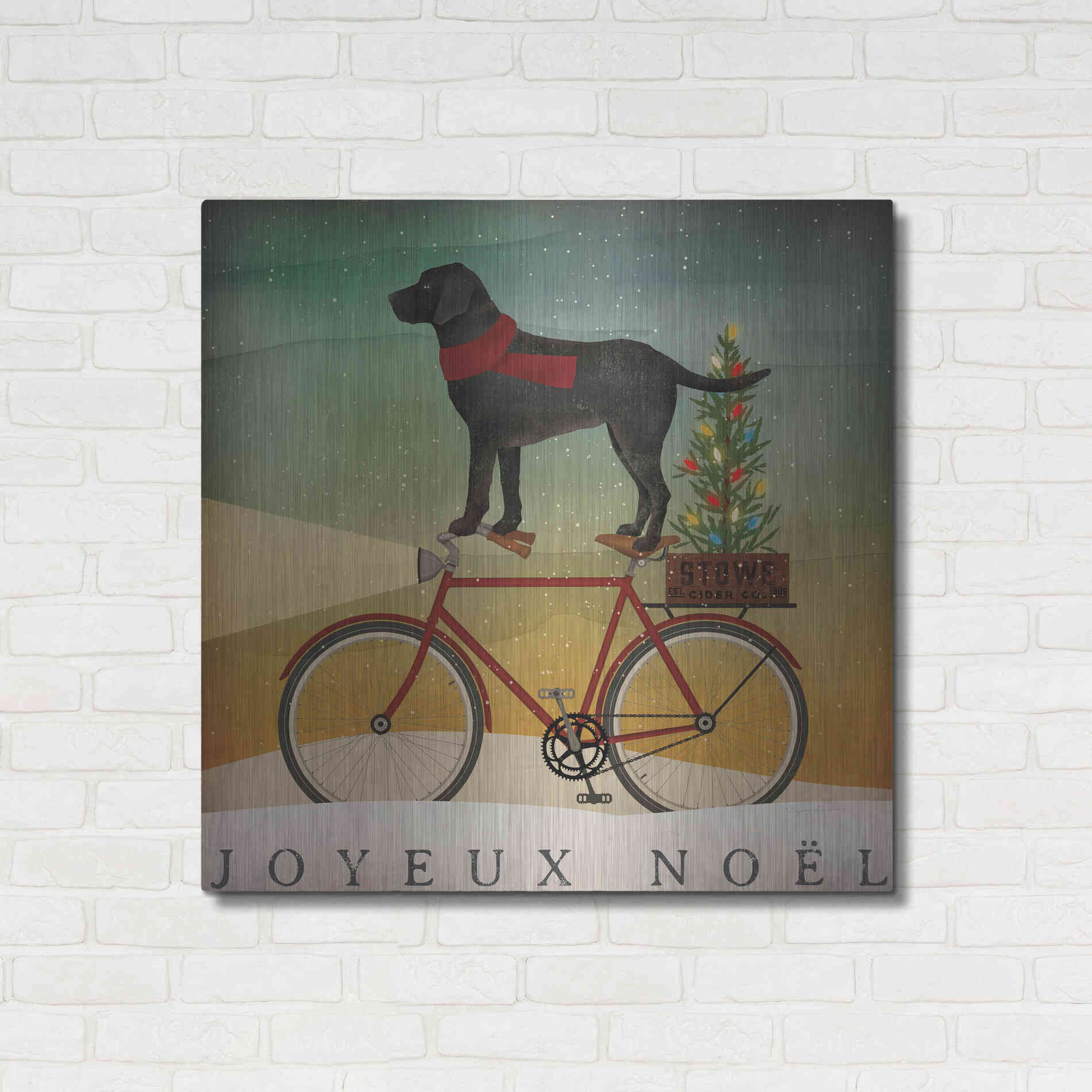 Luxe Metal Art 'Black Lab On Bike Christmas' by Ryan Fowler, Metal Wall Art,36x36