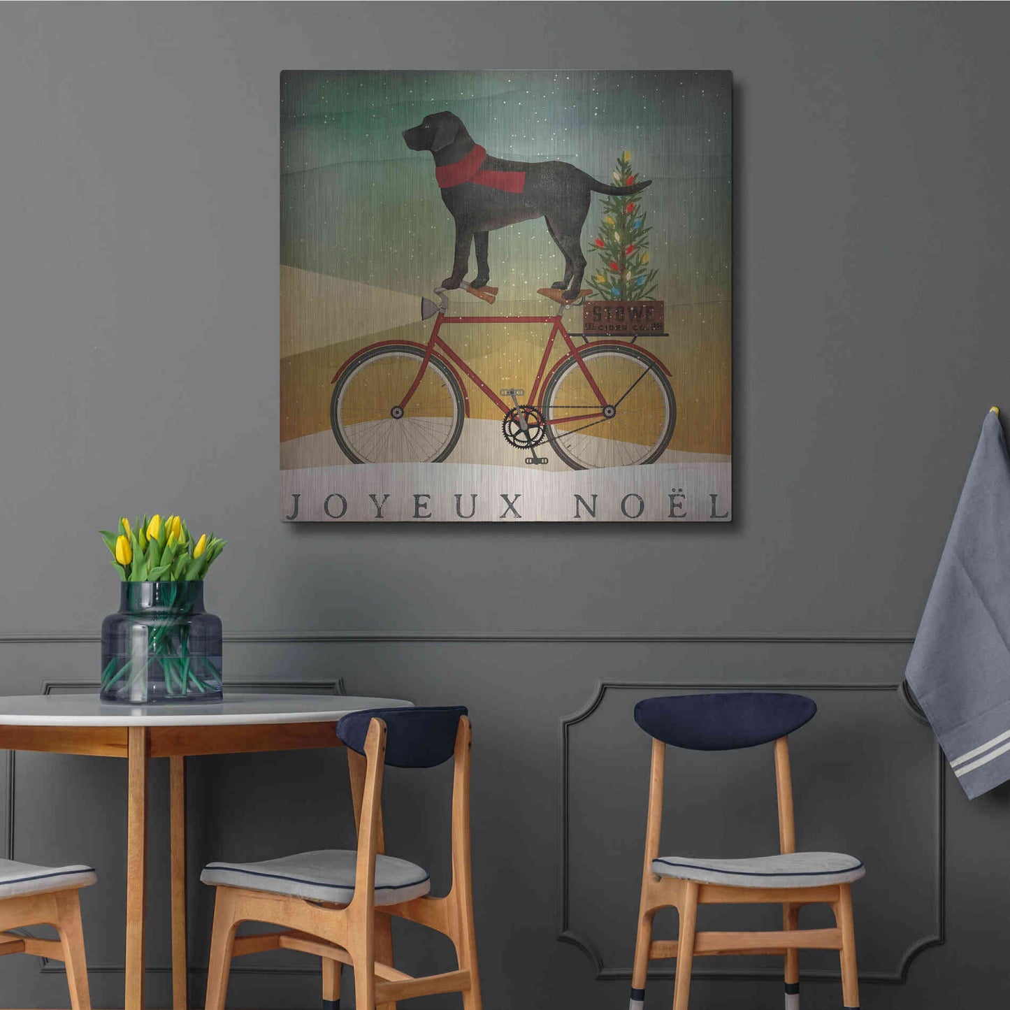 Luxe Metal Art 'Black Lab On Bike Christmas' by Ryan Fowler, Metal Wall Art,36x36