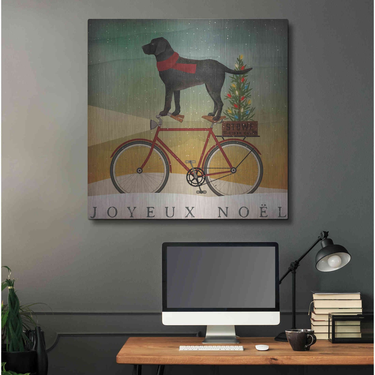 Luxe Metal Art 'Black Lab On Bike Christmas' by Ryan Fowler, Metal Wall Art,36x36
