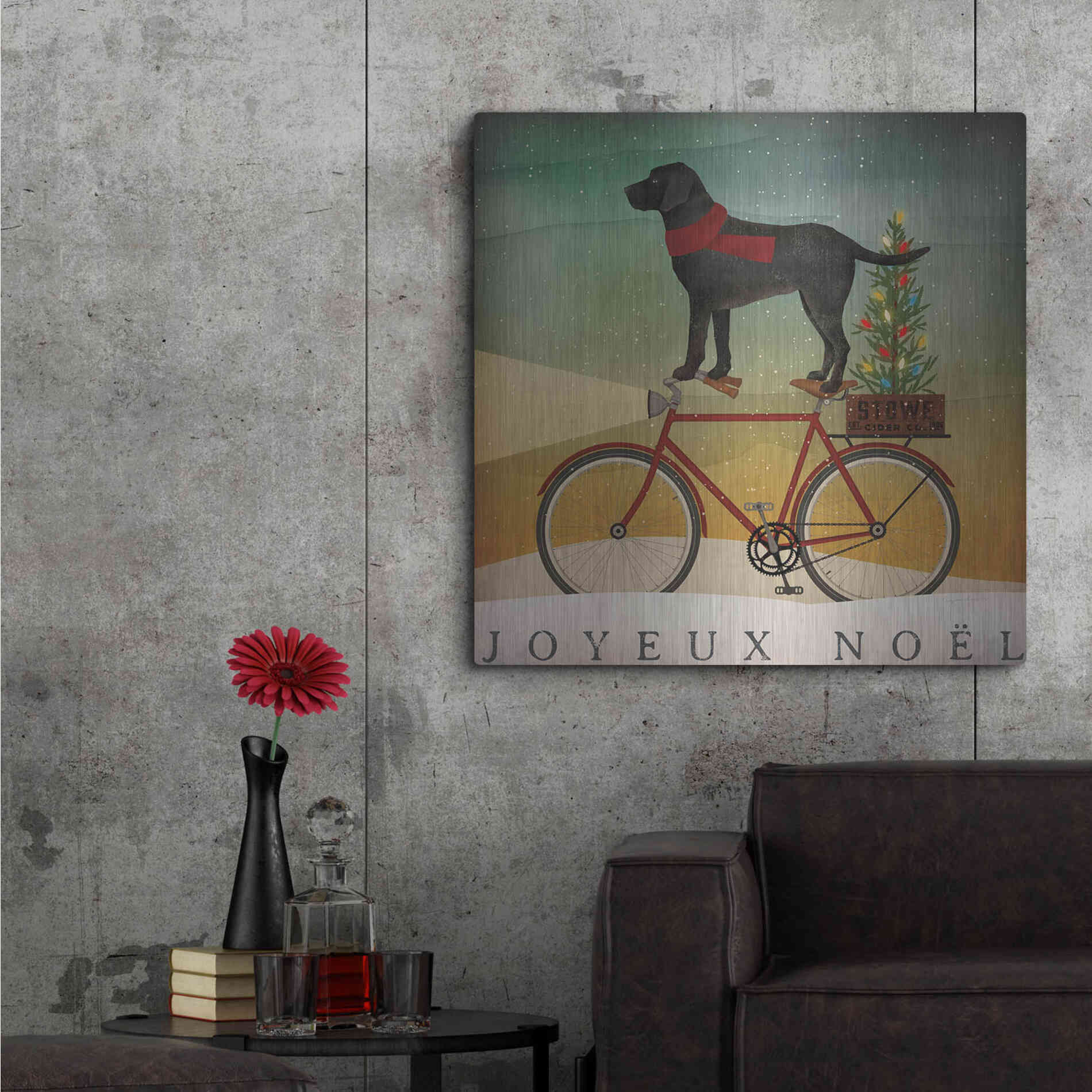 Luxe Metal Art 'Black Lab On Bike Christmas' by Ryan Fowler, Metal Wall Art,36x36