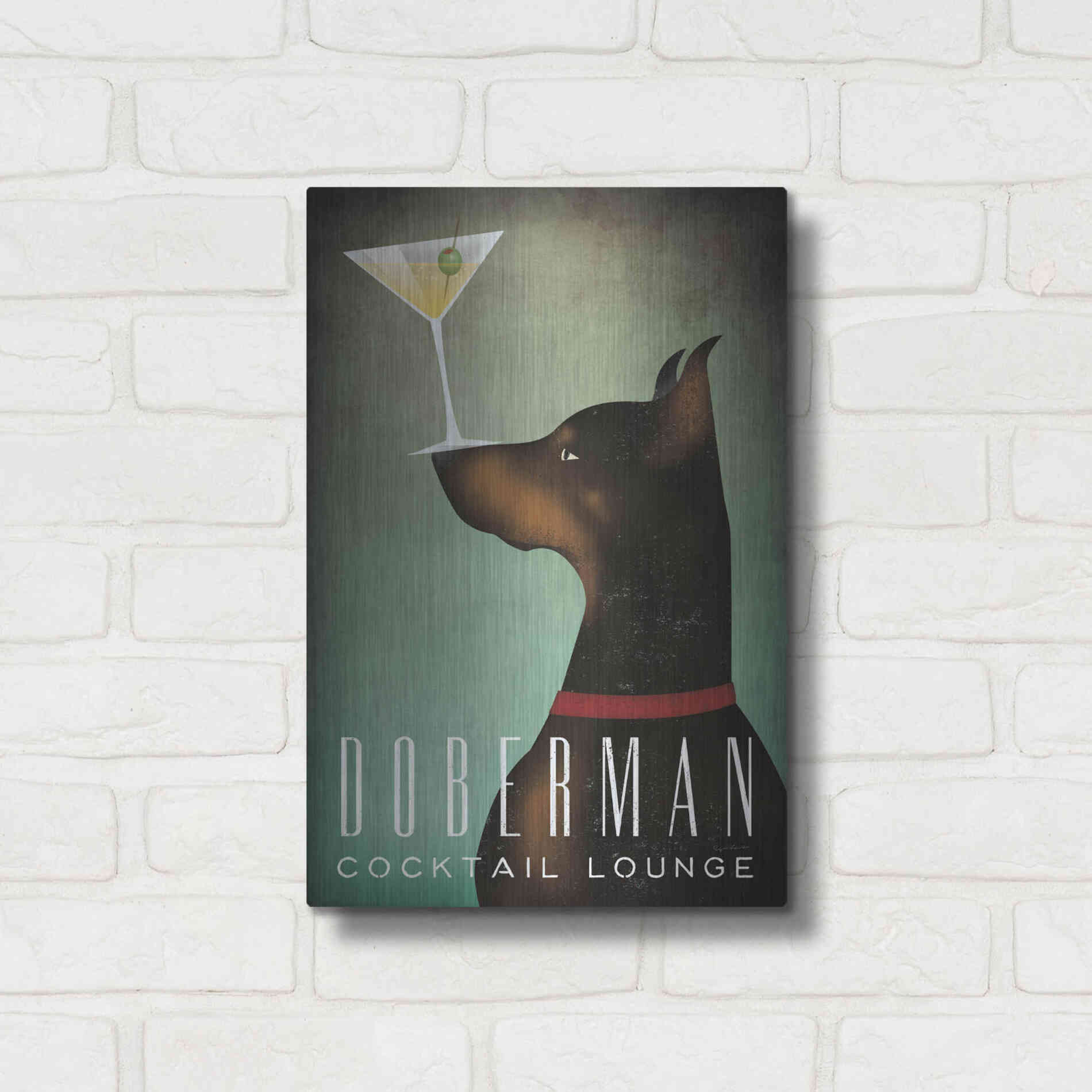 Luxe Metal Art 'Doberman Martini 2' by Ryan Fowler, Metal Wall Art,12x16