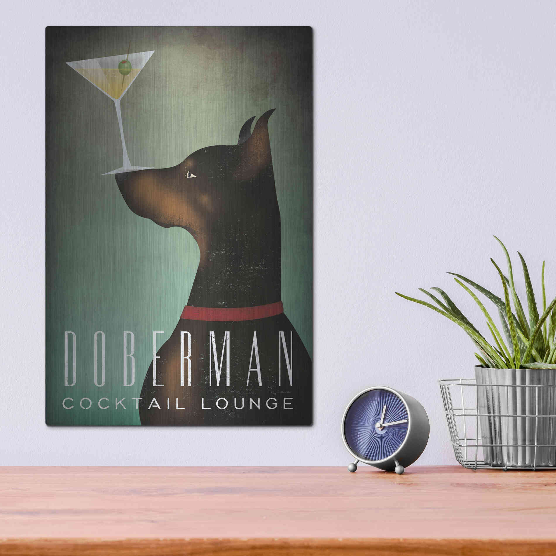 Luxe Metal Art 'Doberman Martini 2' by Ryan Fowler, Metal Wall Art,12x16