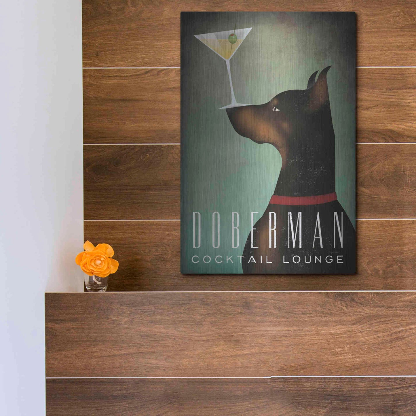 Luxe Metal Art 'Doberman Martini 2' by Ryan Fowler, Metal Wall Art,12x16