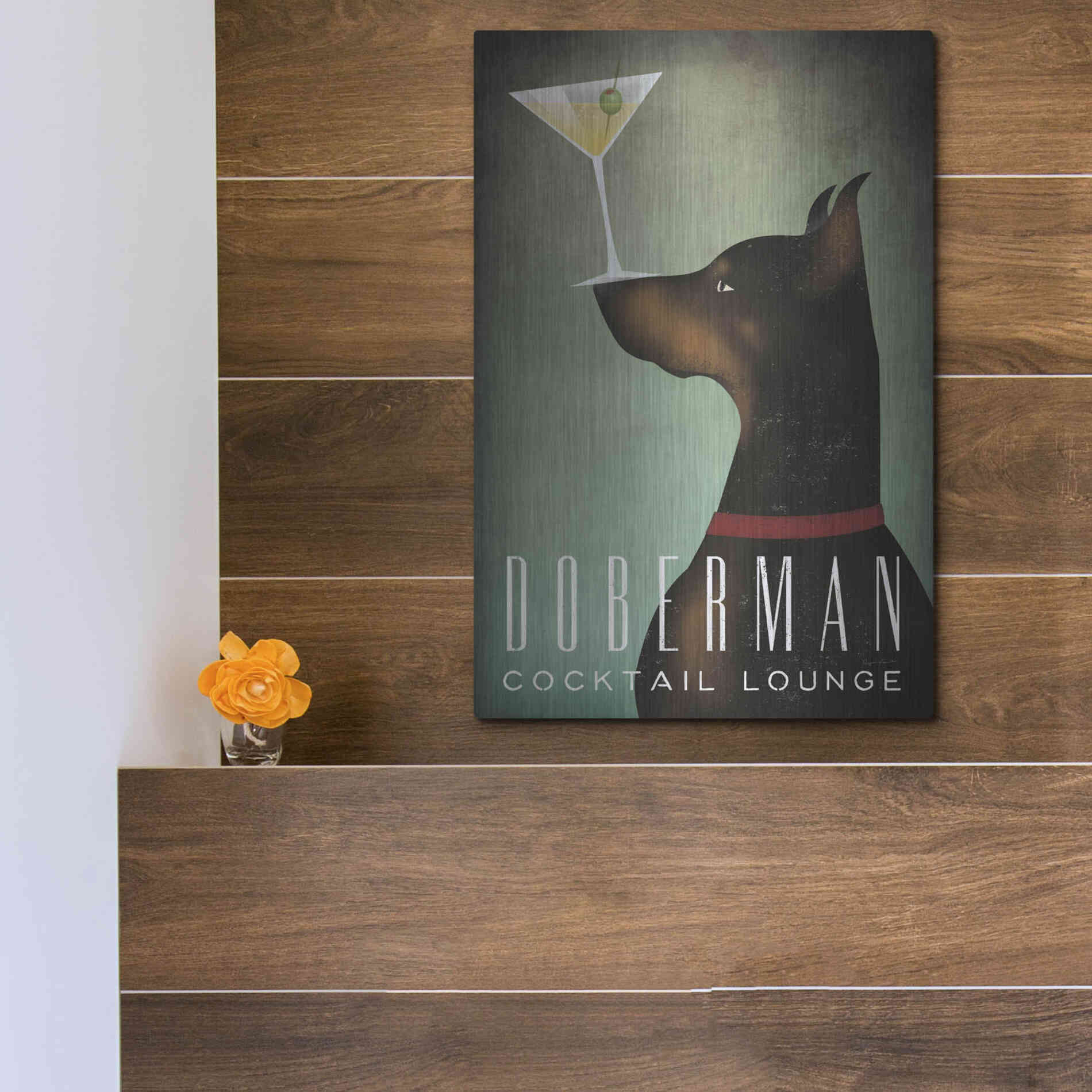 Luxe Metal Art 'Doberman Martini 2' by Ryan Fowler, Metal Wall Art,12x16