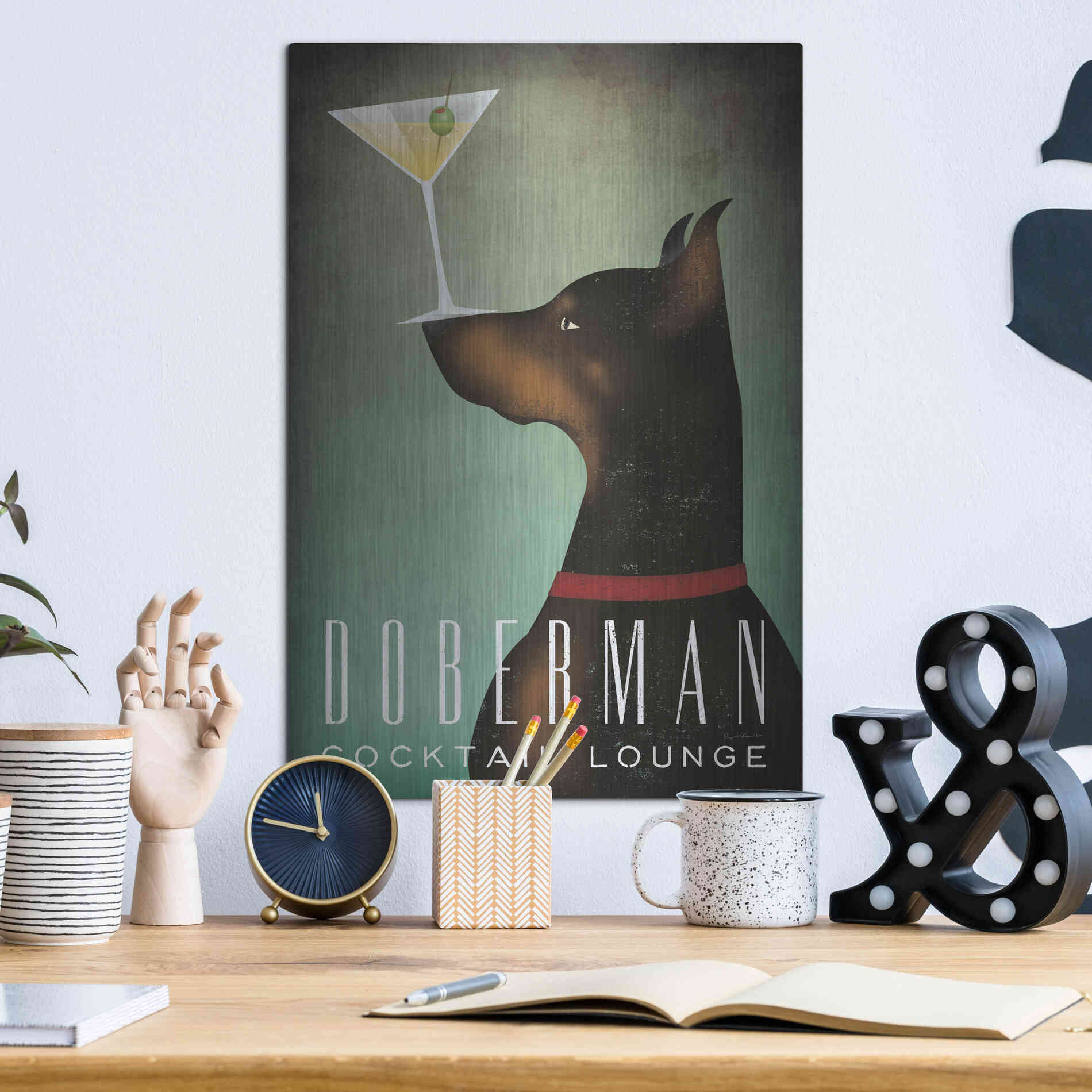 Luxe Metal Art 'Doberman Martini 2' by Ryan Fowler, Metal Wall Art,12x16