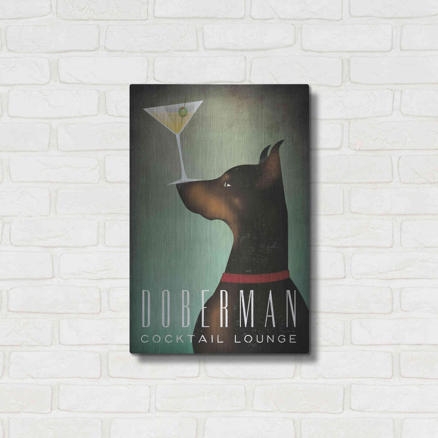 Luxe Metal Art 'Doberman Martini 2' by Ryan Fowler, Metal Wall Art,16x24