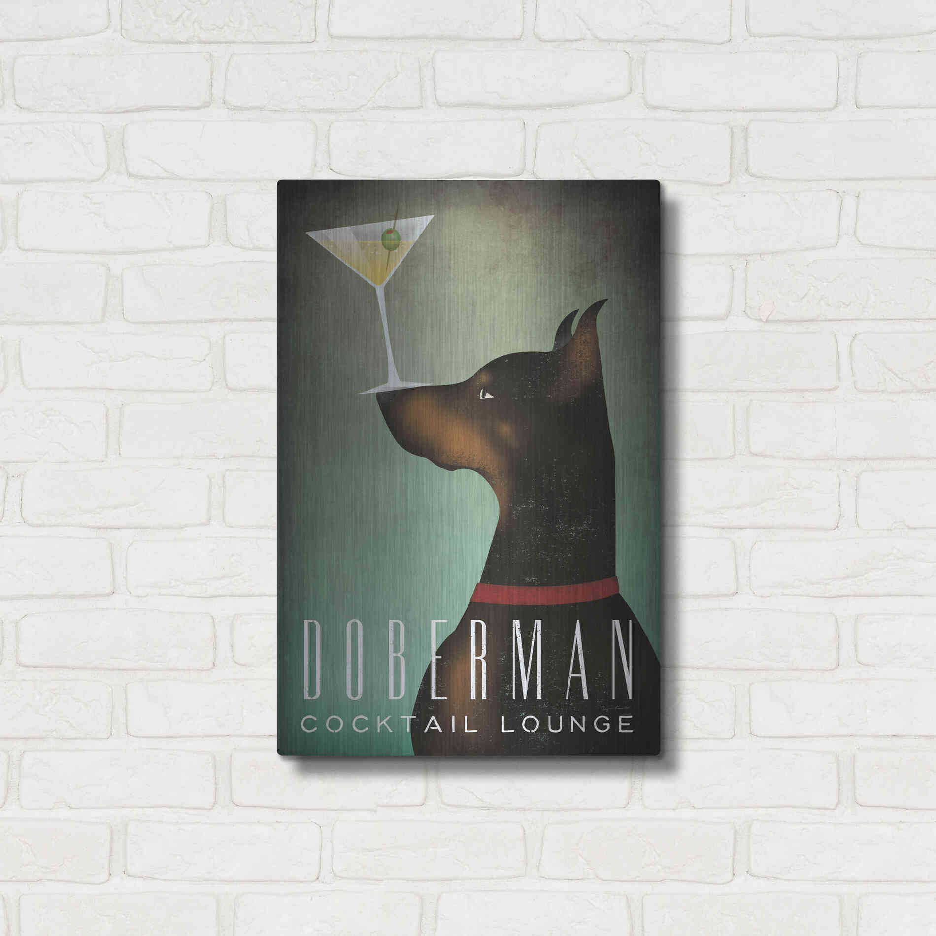 Luxe Metal Art 'Doberman Martini 2' by Ryan Fowler, Metal Wall Art,16x24