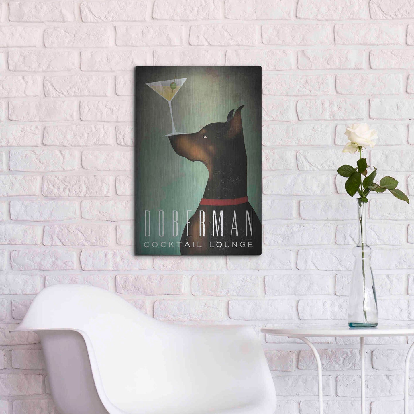 Luxe Metal Art 'Doberman Martini 2' by Ryan Fowler, Metal Wall Art,16x24