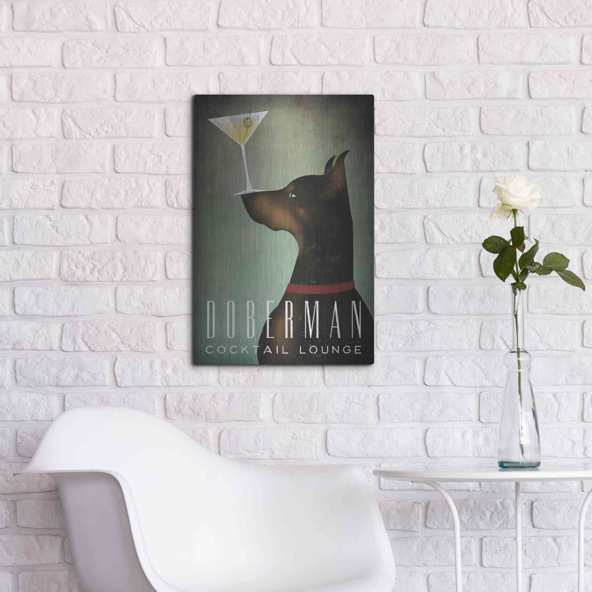 Luxe Metal Art 'Doberman Martini 2' by Ryan Fowler, Metal Wall Art,16x24