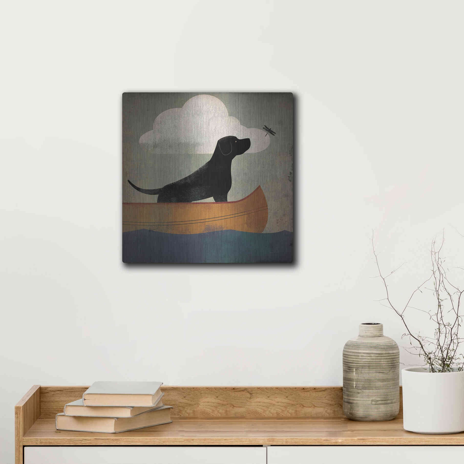 Luxe Metal Art 'Black Dog Canoe Ride' by Ryan Fowler, Metal Wall Art,12x12