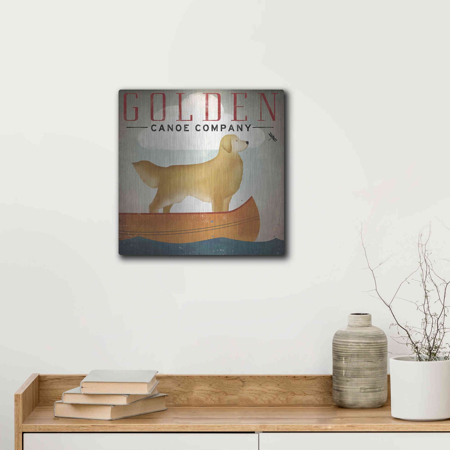 Luxe Metal Art 'Golden Dog Canoe Co Right Facing' by Ryan Fowler, Metal Wall Art,12x12