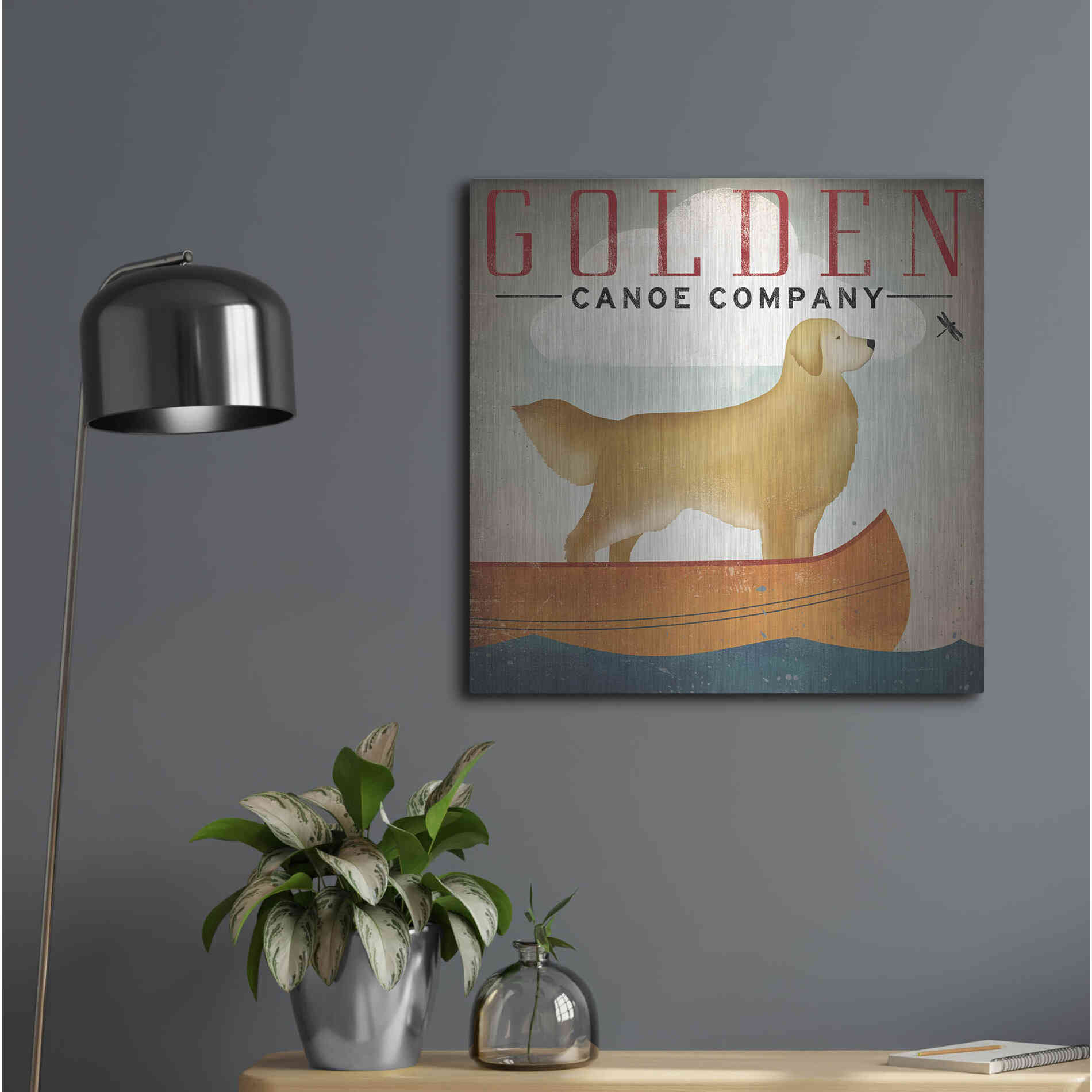 Luxe Metal Art 'Golden Dog Canoe Co Right Facing' by Ryan Fowler, Metal Wall Art,24x24