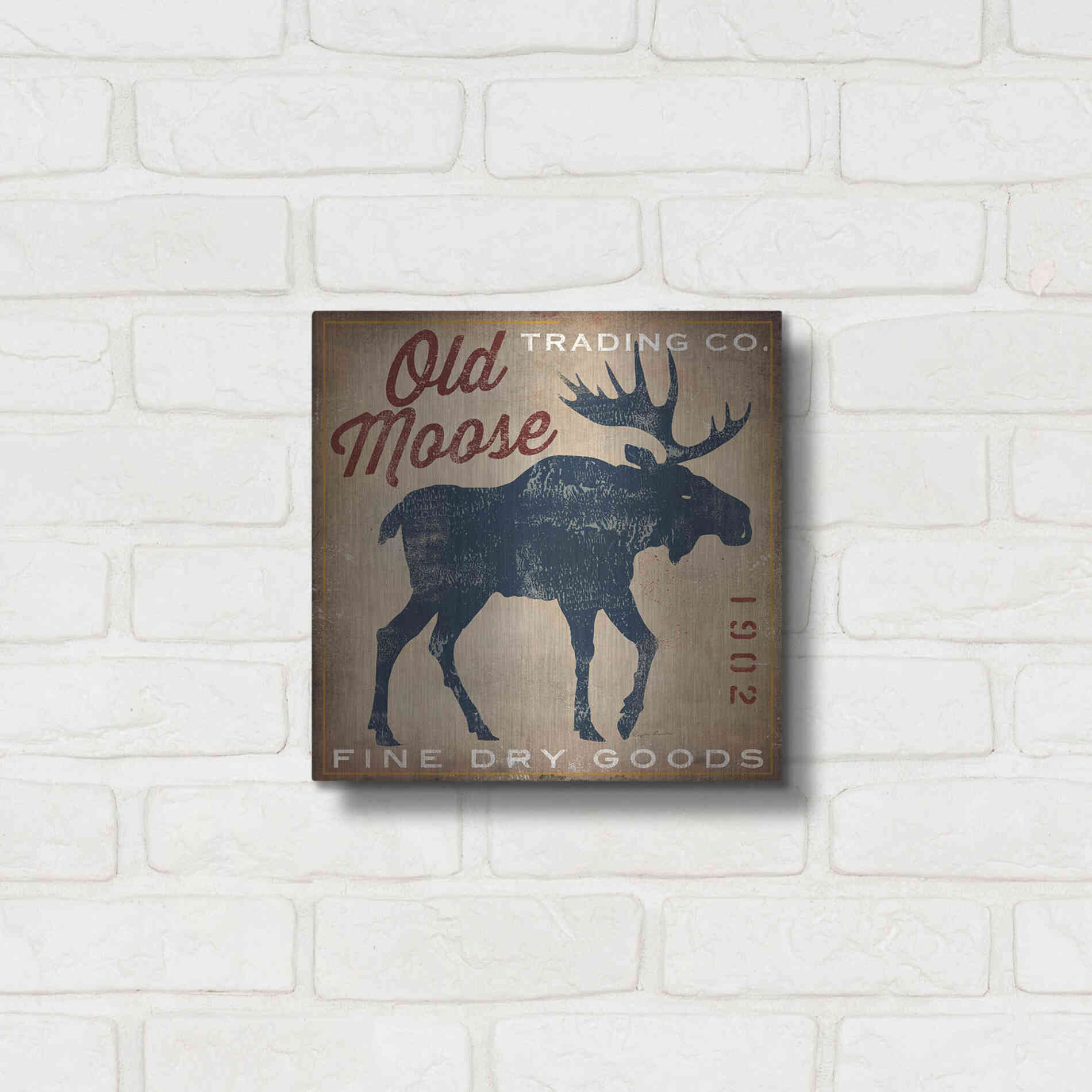 Luxe Metal Art 'Old Moose Trading Co Tan - Dry Goods' by Ryan Fowler, Metal Wall Art,12x12
