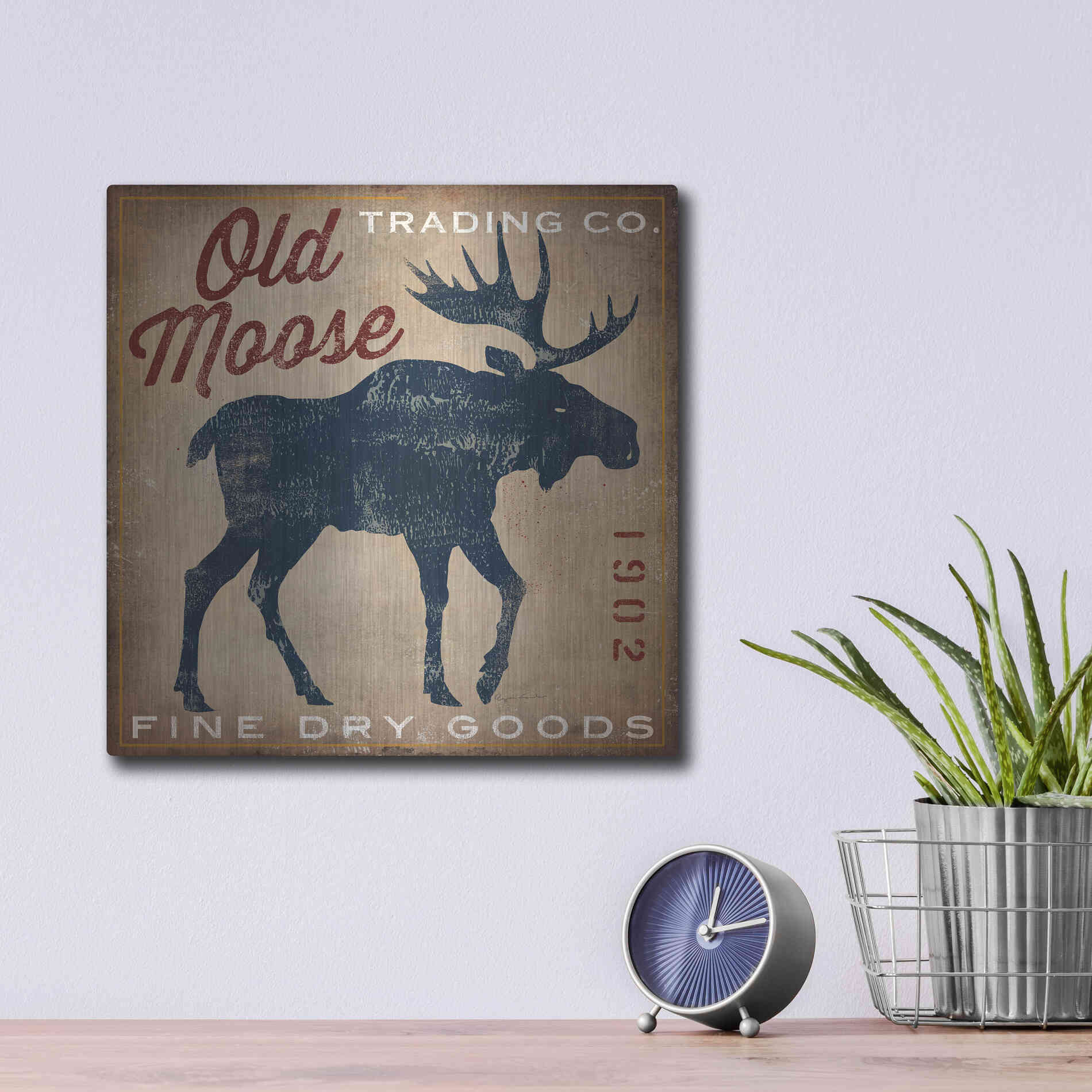 Luxe Metal Art 'Old Moose Trading Co Tan - Dry Goods' by Ryan Fowler, Metal Wall Art,12x12