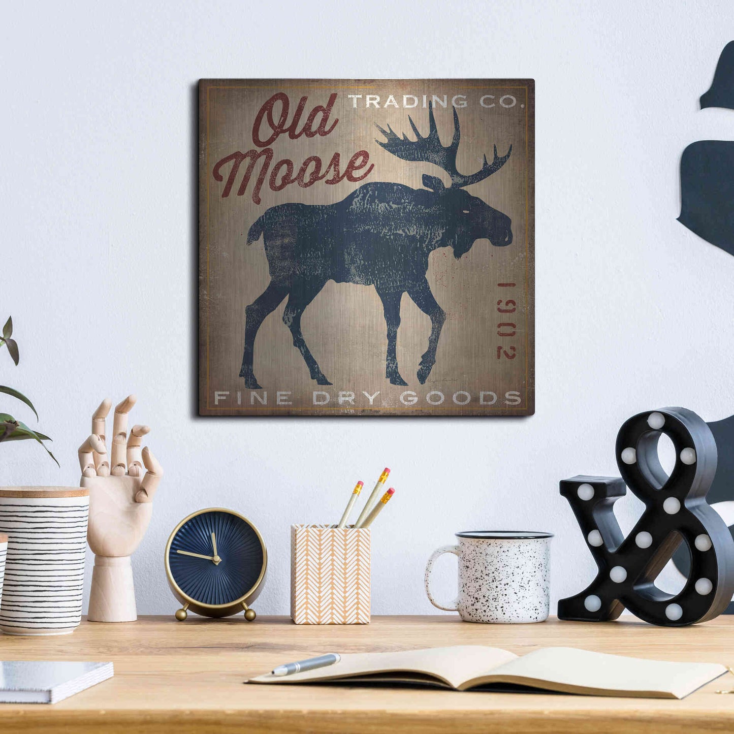Luxe Metal Art 'Old Moose Trading Co Tan - Dry Goods' by Ryan Fowler, Metal Wall Art,12x12