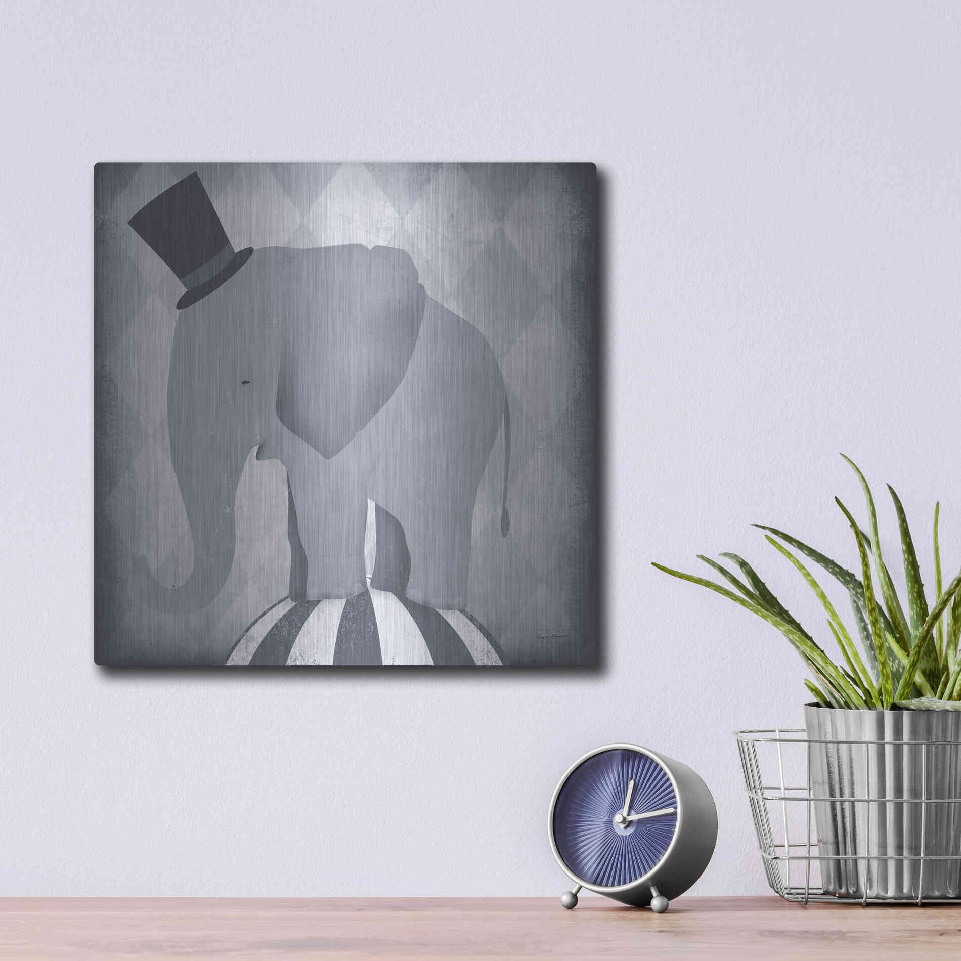 Luxe Metal Art 'Circus Elephant Gray' by Ryan Fowler, Metal Wall Art,12x12