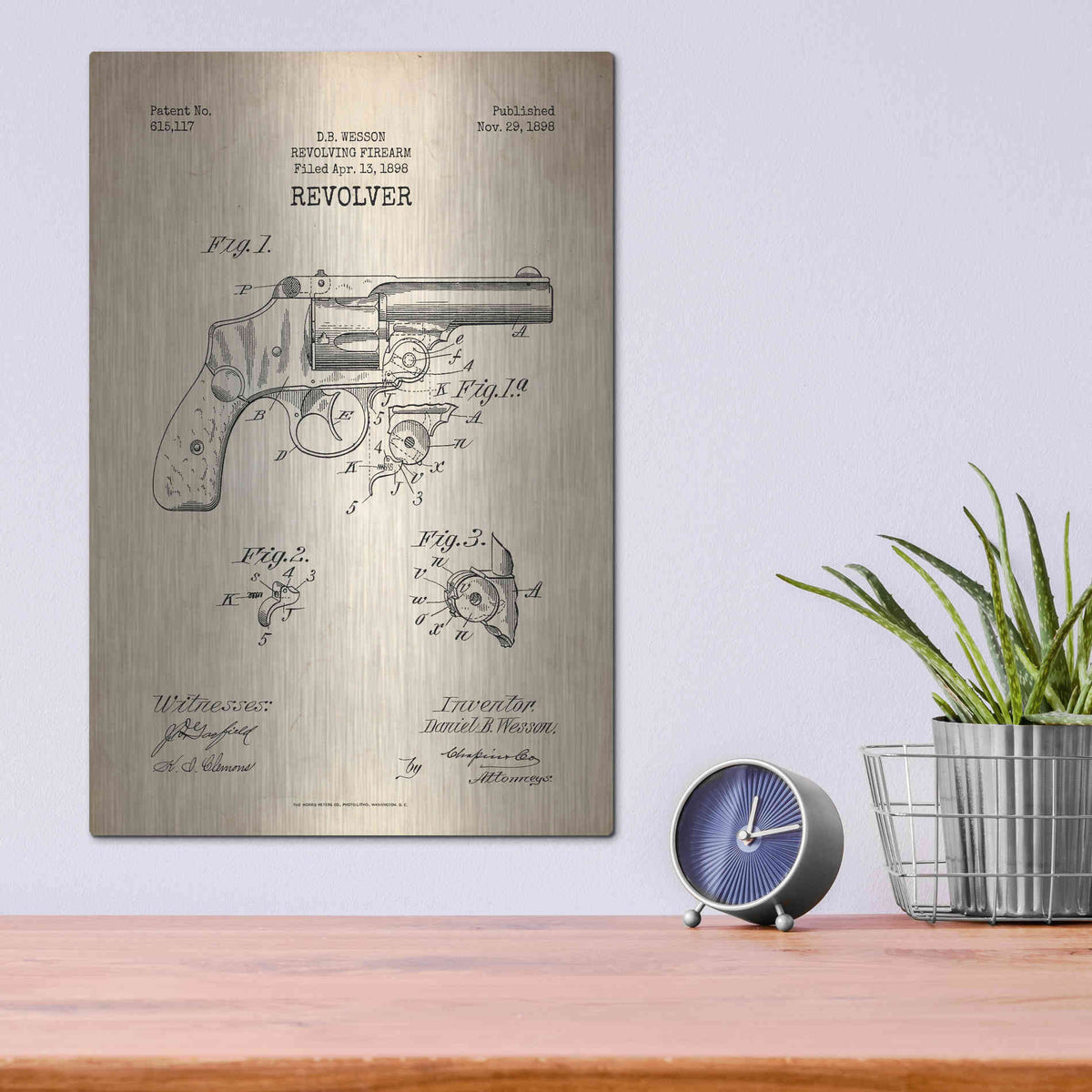 Luxe Metal Art 'Revolver Blueprint Patent Parchment' Metal Wall Art,12x16