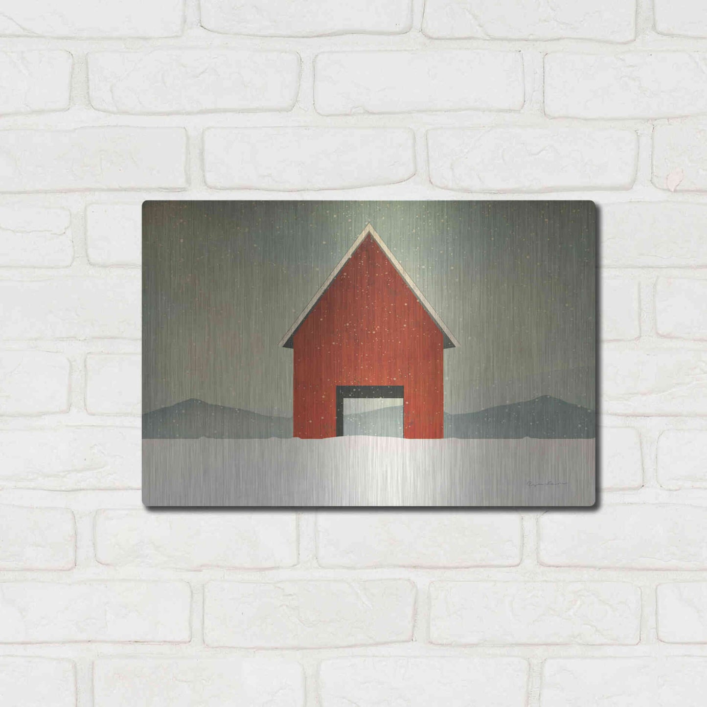 Luxe Metal Art 'Red Barn Winter' by Ryan Fowler, Metal Wall Art,16x12