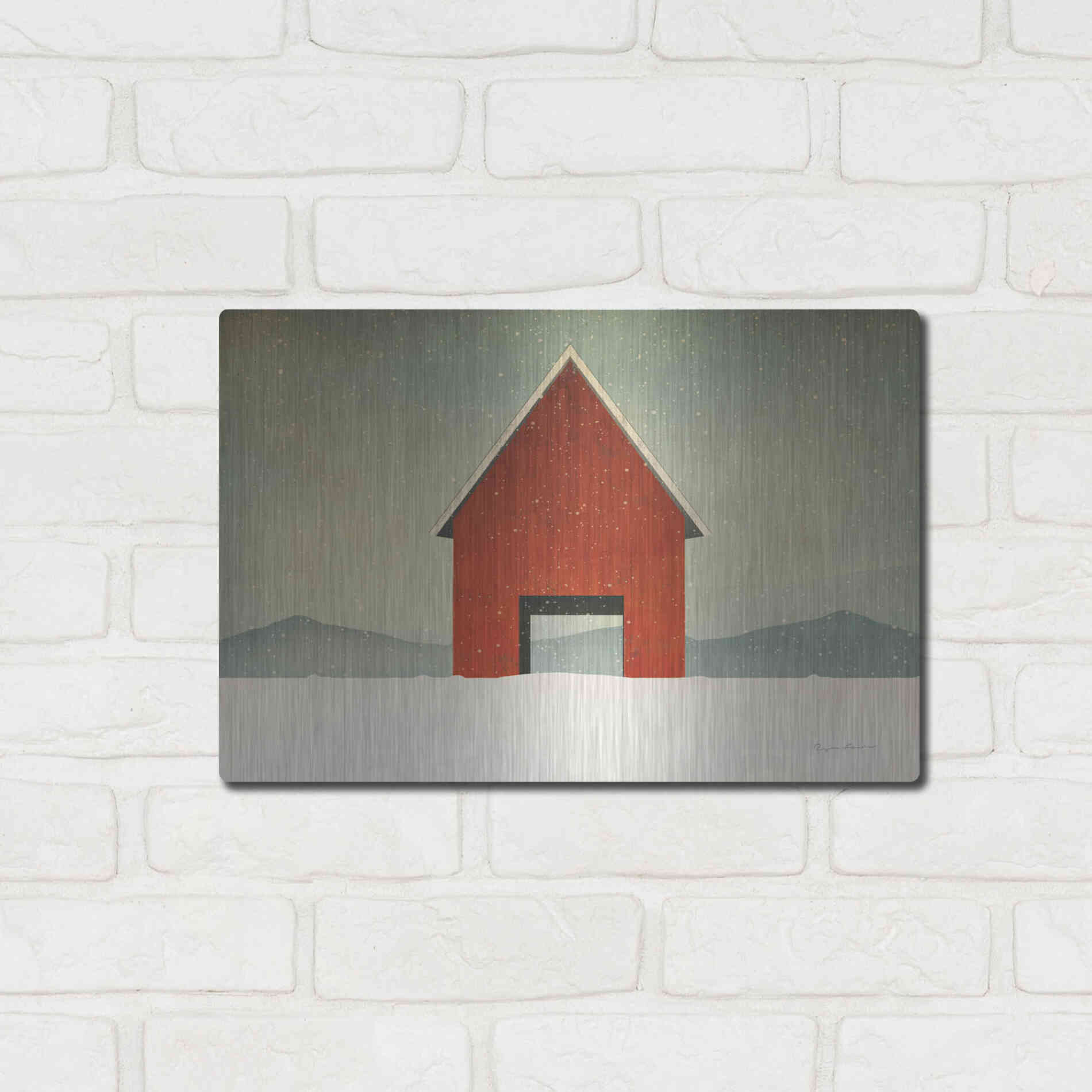 Luxe Metal Art 'Red Barn Winter' by Ryan Fowler, Metal Wall Art,16x12